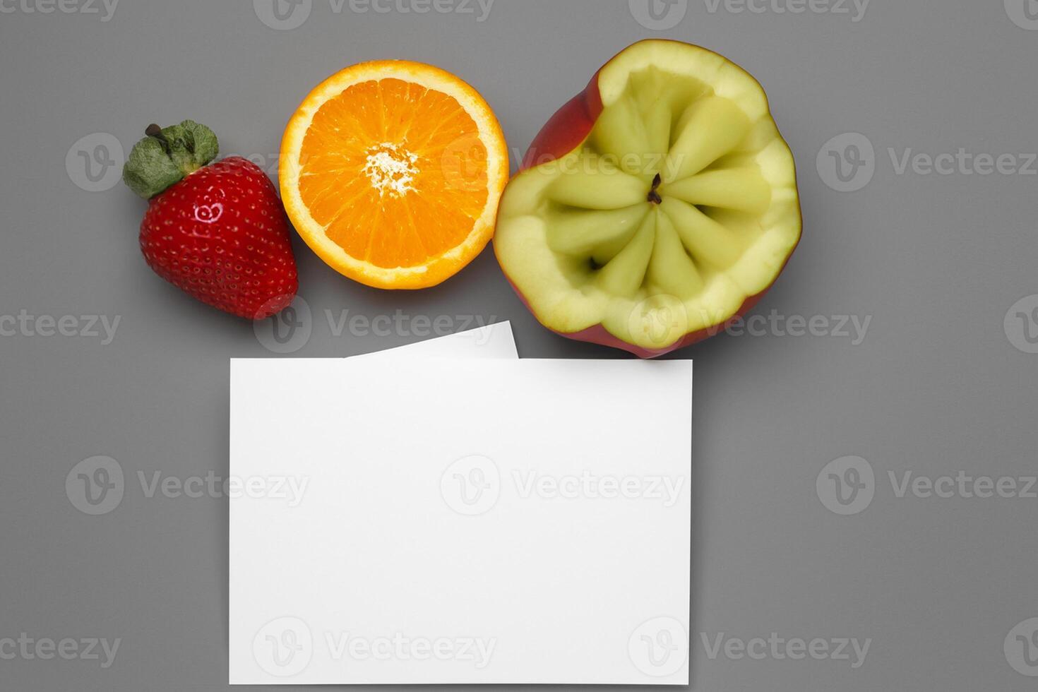 Card and White Paper Mockup Harmonized with Fresh Fruit, Crafting a Visual Symphony of Artful Design and Culinary Delight, Where Wholesome Ingredients Merge in a Feast of Vibrant Imagery photo