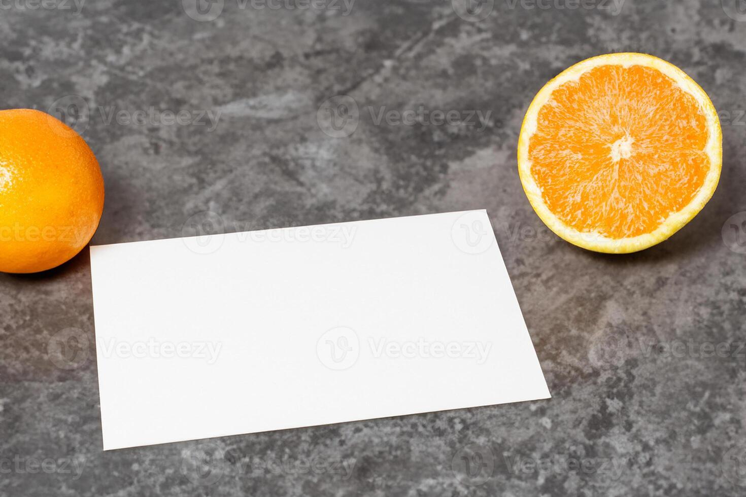 Card and White Paper Mockup Harmonized with Fresh Fruit, Crafting a Visual Symphony of Artful Design and Culinary Delight, Where Wholesome Ingredients Merge in a Feast of Vibrant Imagery photo