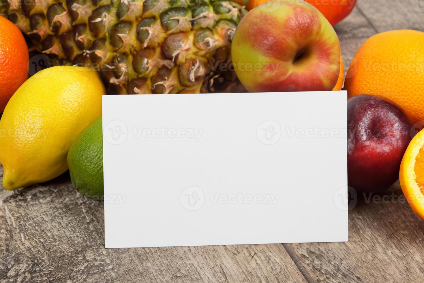 Card and White Paper Mockup Harmonized with Fresh Fruit, Crafting a Visual Symphony of Artful Design and Culinary Delight, Where Wholesome Ingredients Merge in a Feast of Vibrant Imagery photo