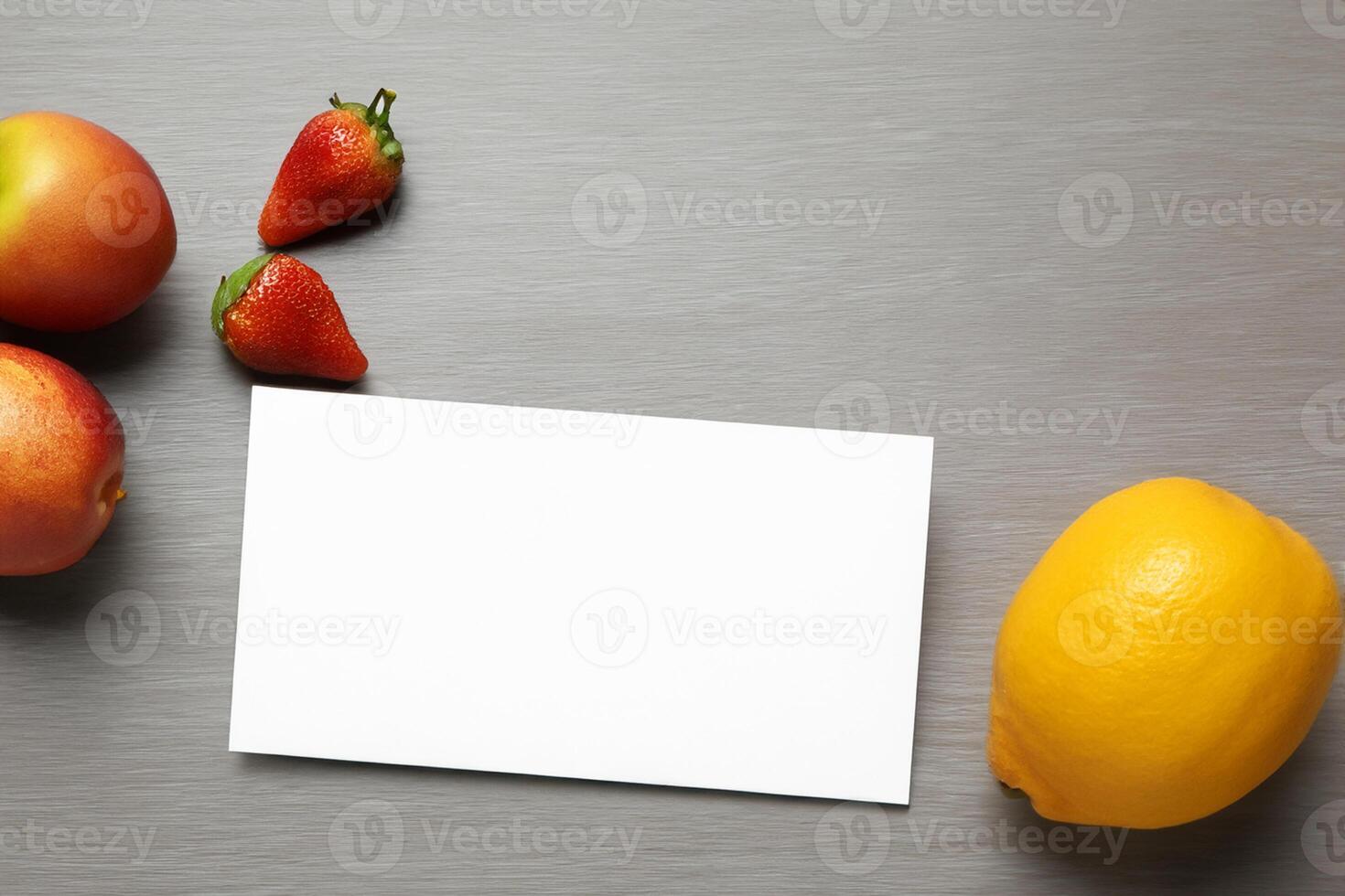 Card and White Paper Mockup Harmonized with Fresh Fruit, Crafting a Visual Symphony of Artful Design and Culinary Delight, Where Wholesome Ingredients Merge in a Feast of Vibrant Imagery photo