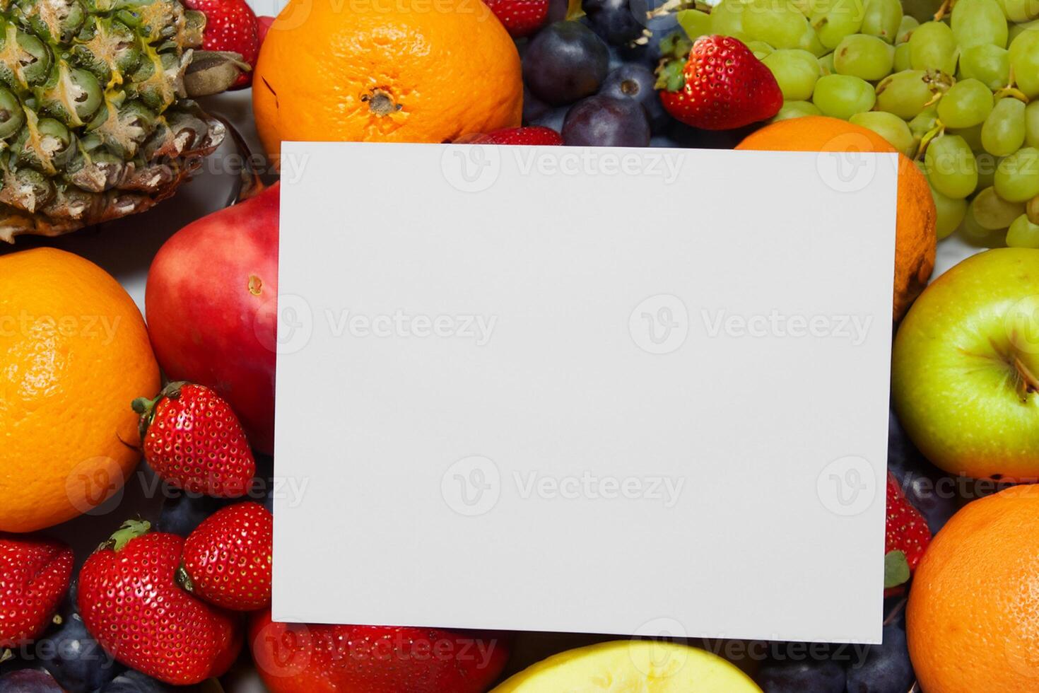 Card and White Paper Mockup Harmonized with Fresh Fruit, Crafting a Visual Symphony of Artful Design and Culinary Delight, Where Wholesome Ingredients Merge in a Feast of Vibrant Imagery photo