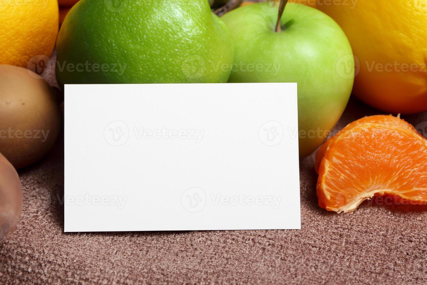 Card and White Paper Mockup Harmonized with Fresh Fruit, Crafting a Visual Symphony of Artful Design and Culinary Delight, Where Wholesome Ingredients Merge in a Feast of Vibrant Imagery photo