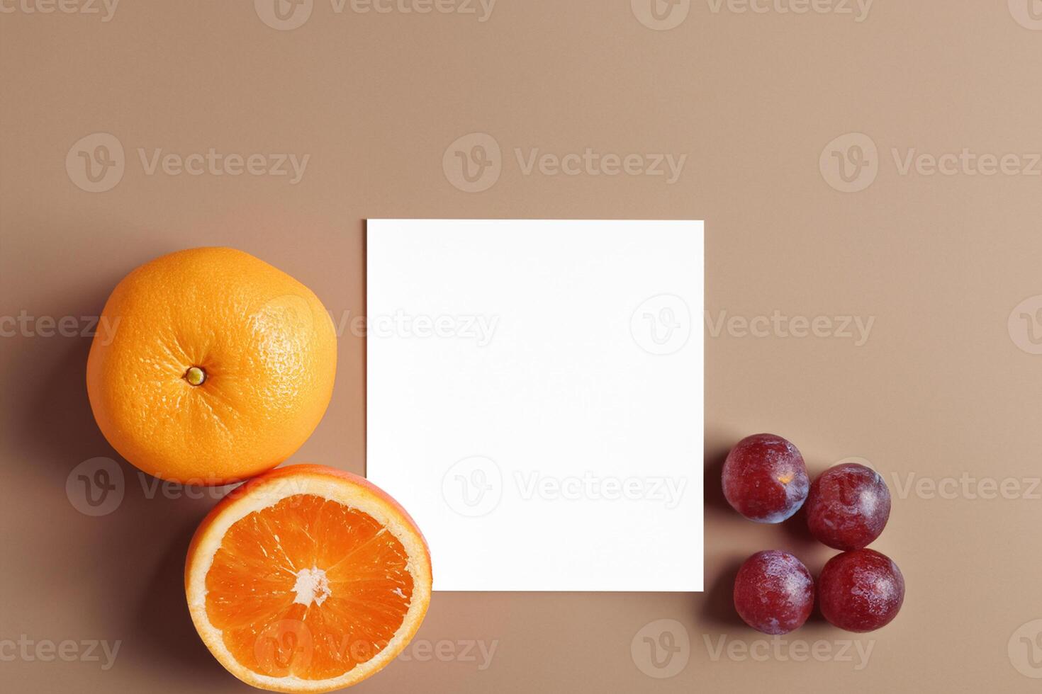 Card and White Paper Mockup Harmonized with Fresh Fruit, Crafting a Visual Symphony of Artful Design and Culinary Delight, Where Wholesome Ingredients Merge in a Feast of Vibrant Imagery photo