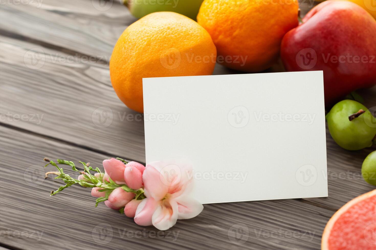 Card and White Paper Mockup Harmonized with Fresh Fruit, Crafting a Visual Symphony of Artful Design and Culinary Delight, Where Wholesome Ingredients Merge in a Feast of Vibrant Imagery photo