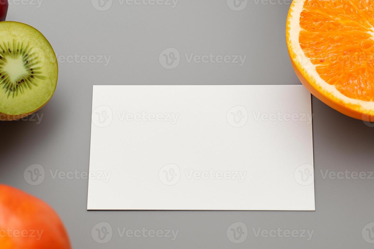 Card and White Paper Mockup Harmonized with Fresh Fruit, Crafting a Visual Symphony of Artful Design and Culinary Delight, Where Wholesome Ingredients Merge in a Feast of Vibrant Imagery photo