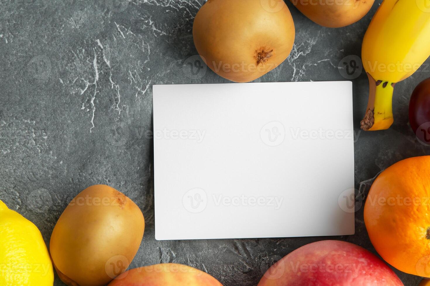 Card and White Paper Mockup Harmonized with Fresh Fruit, Crafting a Visual Symphony of Artful Design and Culinary Delight, Where Wholesome Ingredients Merge in a Feast of Vibrant Imagery photo