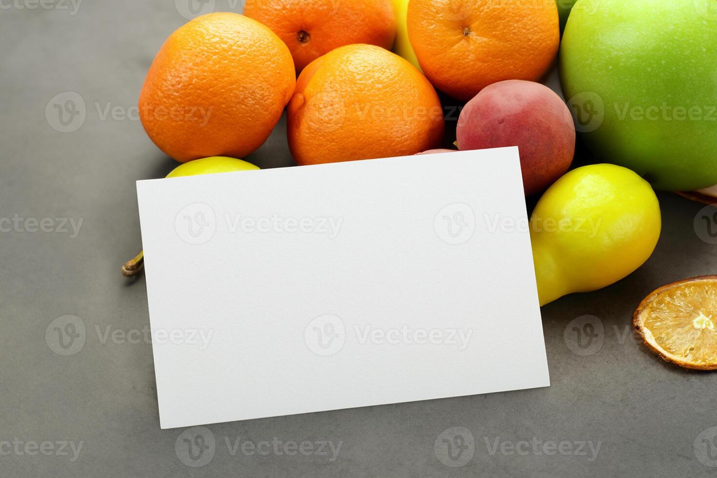 Card and White Paper Mockup Harmonized with Fresh Fruit, Crafting a Visual Symphony of Artful Design and Culinary Delight, Where Wholesome Ingredients Merge in a Feast of Vibrant Imagery photo