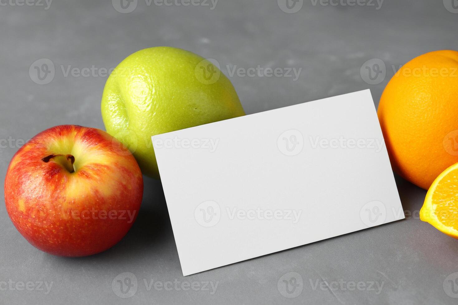 Card and White Paper Mockup Harmonized with Fresh Fruit, Crafting a Visual Symphony of Artful Design and Culinary Delight, Where Wholesome Ingredients Merge in a Feast of Vibrant Imagery photo