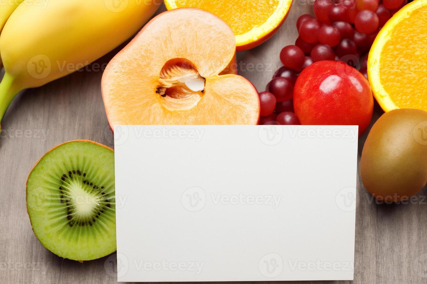 Card and White Paper Mockup Harmonized with Fresh Fruit, Crafting a Visual Symphony of Artful Design and Culinary Delight, Where Wholesome Ingredients Merge in a Feast of Vibrant Imagery photo