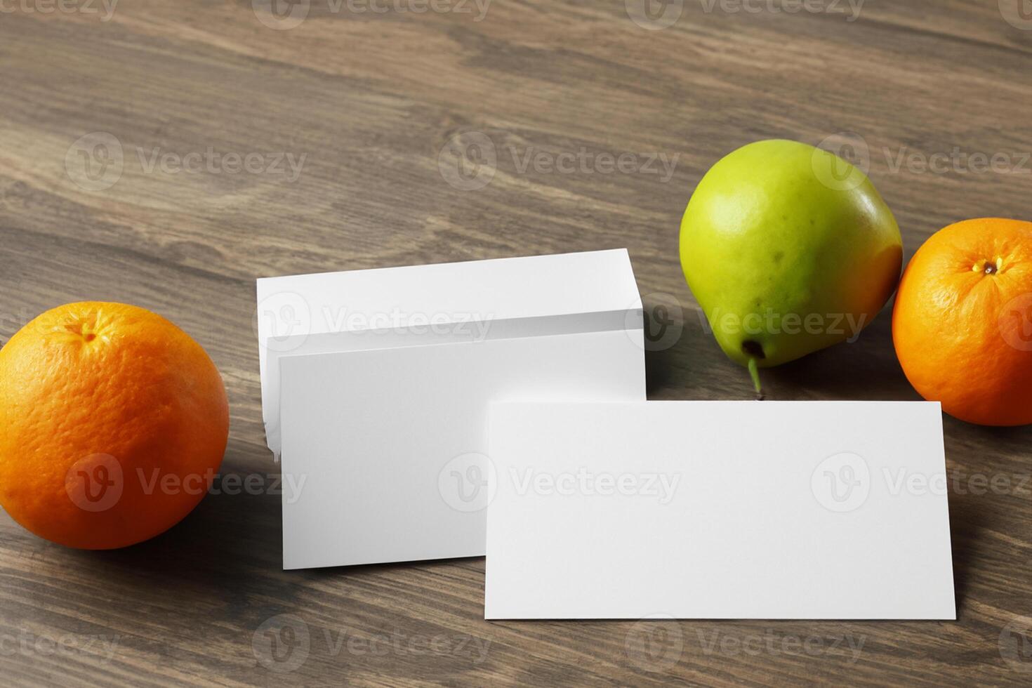 Card and White Paper Mockup Harmonized with Fresh Fruit, Crafting a Visual Symphony of Artful Design and Culinary Delight, Where Wholesome Ingredients Merge in a Feast of Vibrant Imagery photo