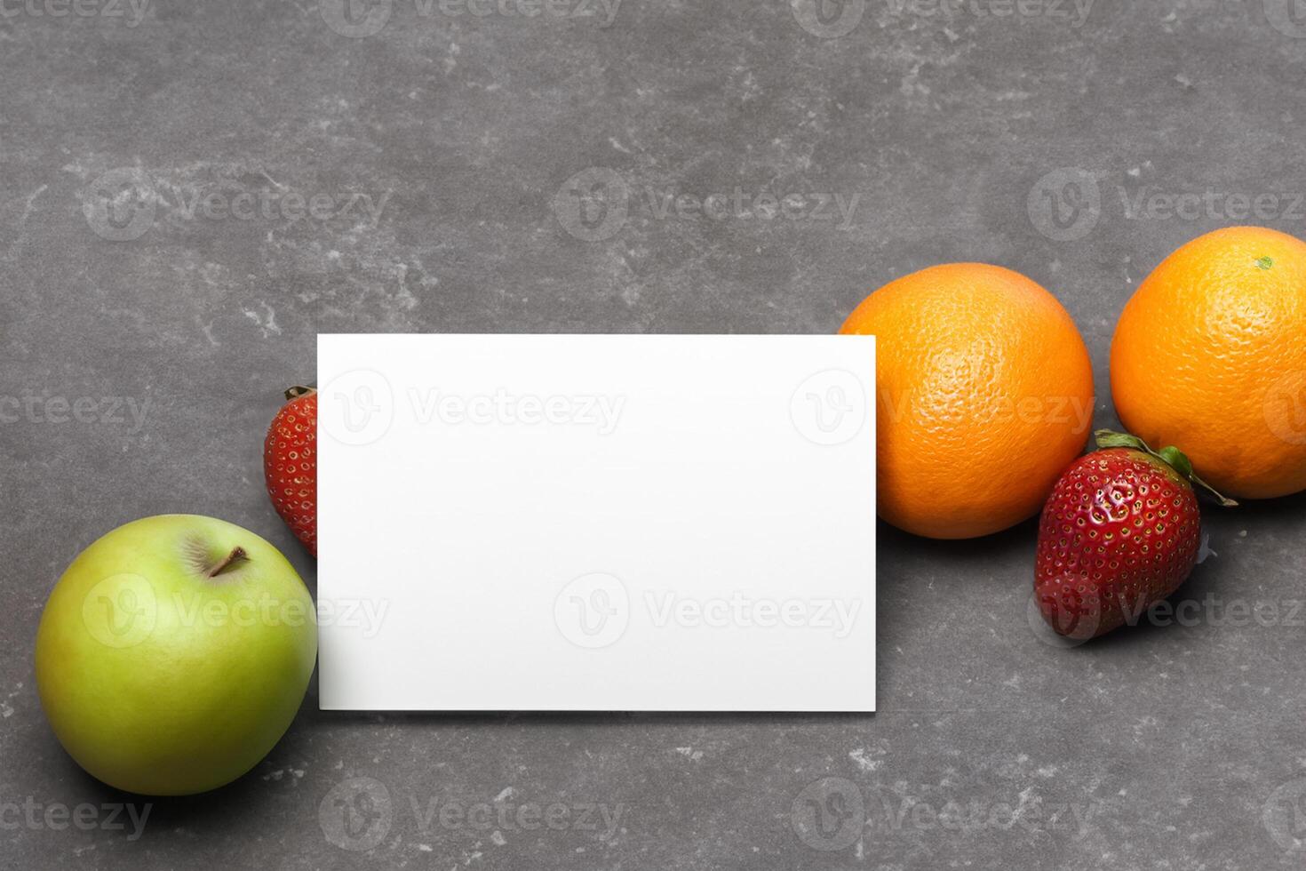 Card and White Paper Mockup Harmonized with Fresh Fruit, Crafting a Visual Symphony of Artful Design and Culinary Delight, Where Wholesome Ingredients Merge in a Feast of Vibrant Imagery photo