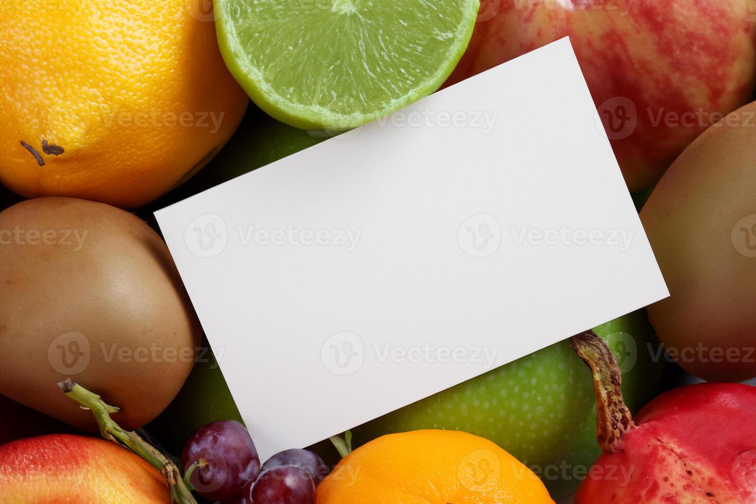 tarjeta y blanco papel Bosquejo armonizado con Fresco fruta, elaboración un visual sinfonía de ingenioso diseño y culinario deleitar, dónde saludable ingredientes unir en un banquete de vibrante imágenes foto