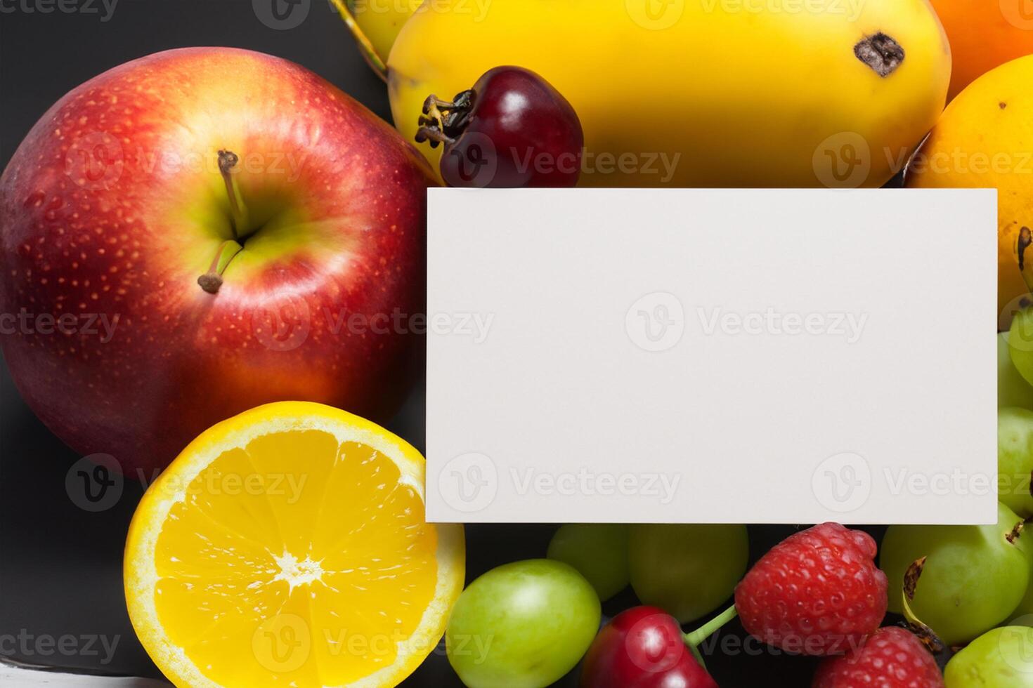 Card and White Paper Mockup Harmonized with Fresh Fruit, Crafting a Visual Symphony of Artful Design and Culinary Delight, Where Wholesome Ingredients Merge in a Feast of Vibrant Imagery photo