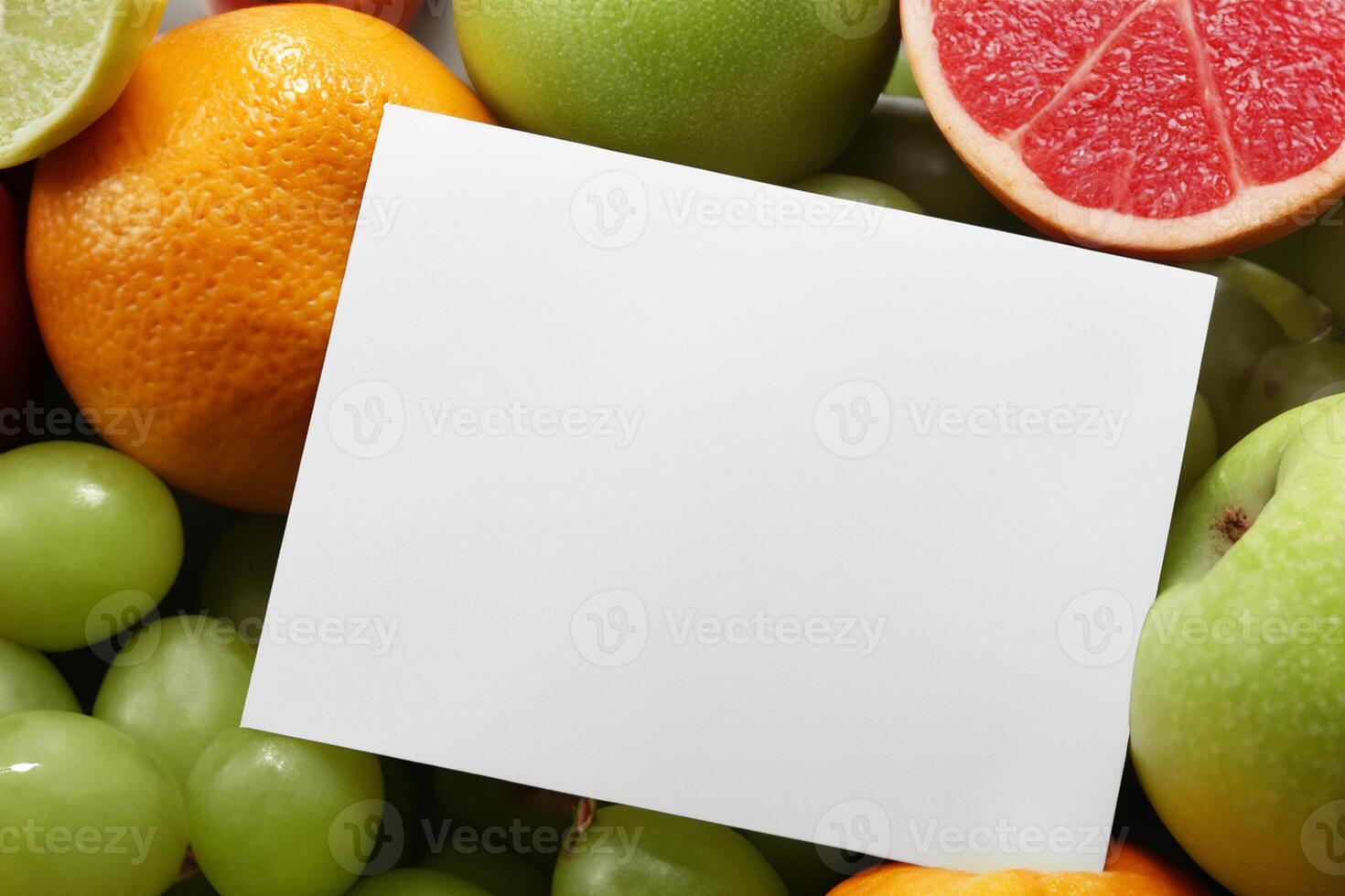 Card and White Paper Mockup Harmonized with Fresh Fruit, Crafting a Visual Symphony of Artful Design and Culinary Delight, Where Wholesome Ingredients Merge in a Feast of Vibrant Imagery photo