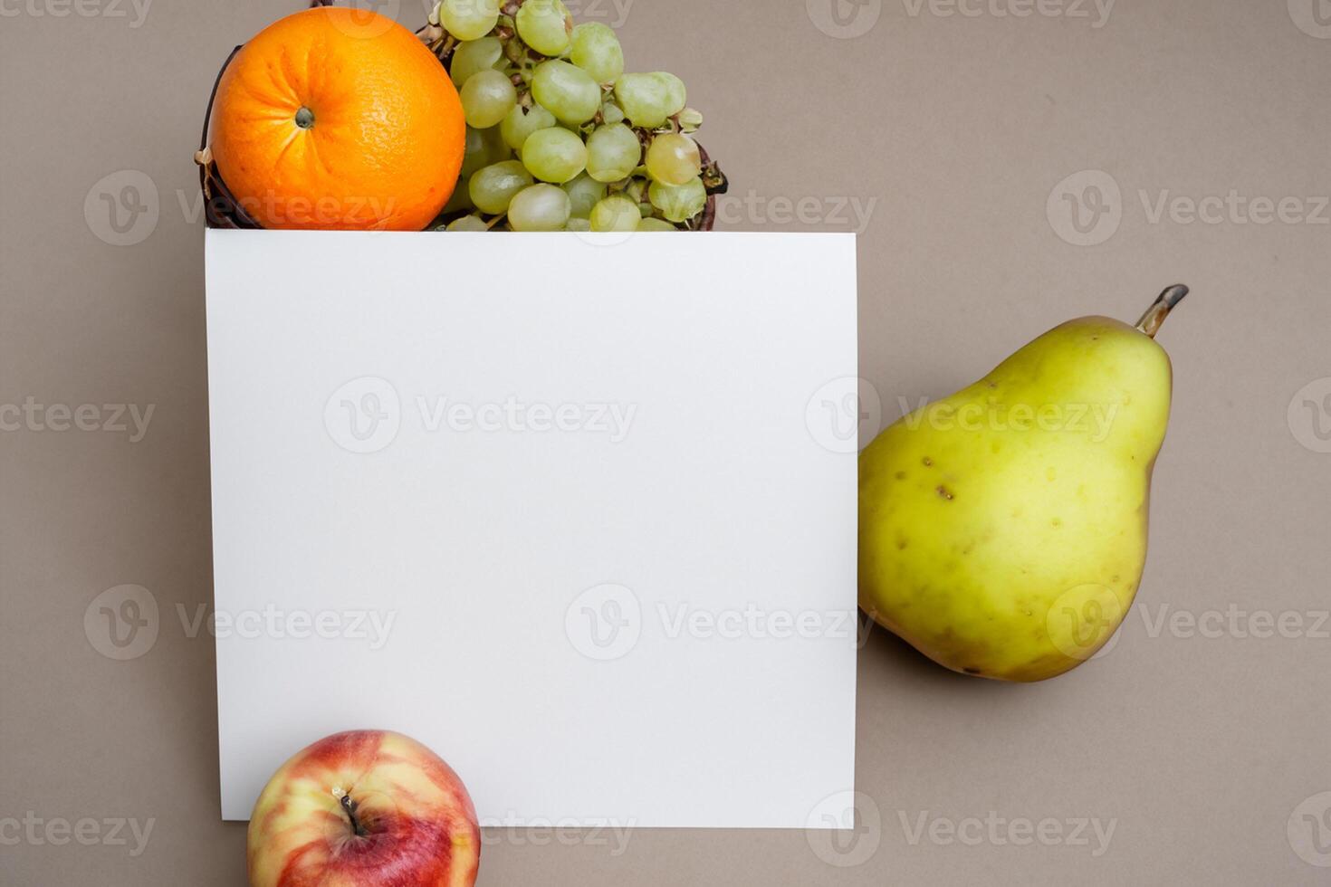 Card and White Paper Mockup Harmonized with Fresh Fruit, Crafting a Visual Symphony of Artful Design and Culinary Delight, Where Wholesome Ingredients Merge in a Feast of Vibrant Imagery photo