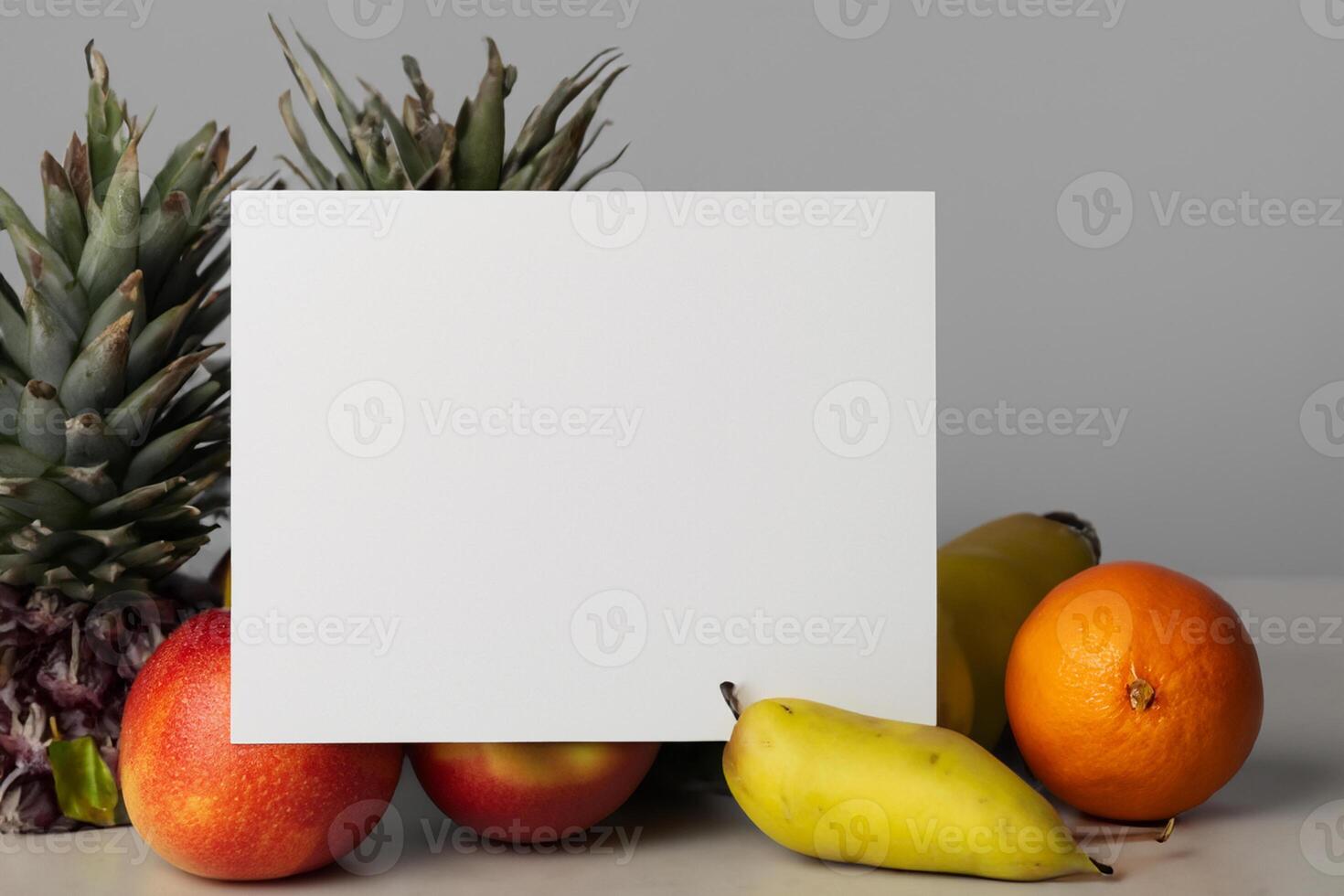 Card and White Paper Mockup Harmonized with Fresh Fruit, Crafting a Visual Symphony of Artful Design and Culinary Delight, Where Wholesome Ingredients Merge in a Feast of Vibrant Imagery photo