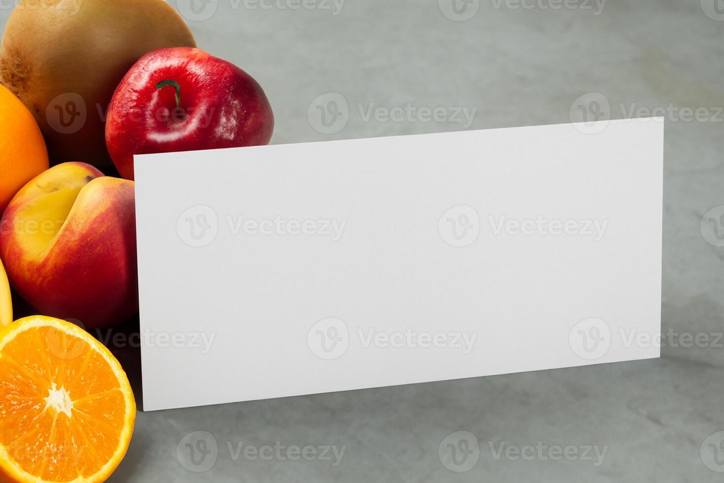 Card and White Paper Mockup Harmonized with Fresh Fruit, Crafting a Visual Symphony of Artful Design and Culinary Delight, Where Wholesome Ingredients Merge in a Feast of Vibrant Imagery photo