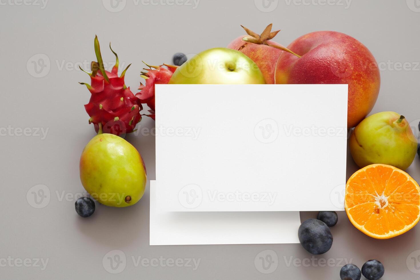 Card and White Paper Mockup Harmonized with Fresh Fruit, Crafting a Visual Symphony of Artful Design and Culinary Delight, Where Wholesome Ingredients Merge in a Feast of Vibrant Imagery photo