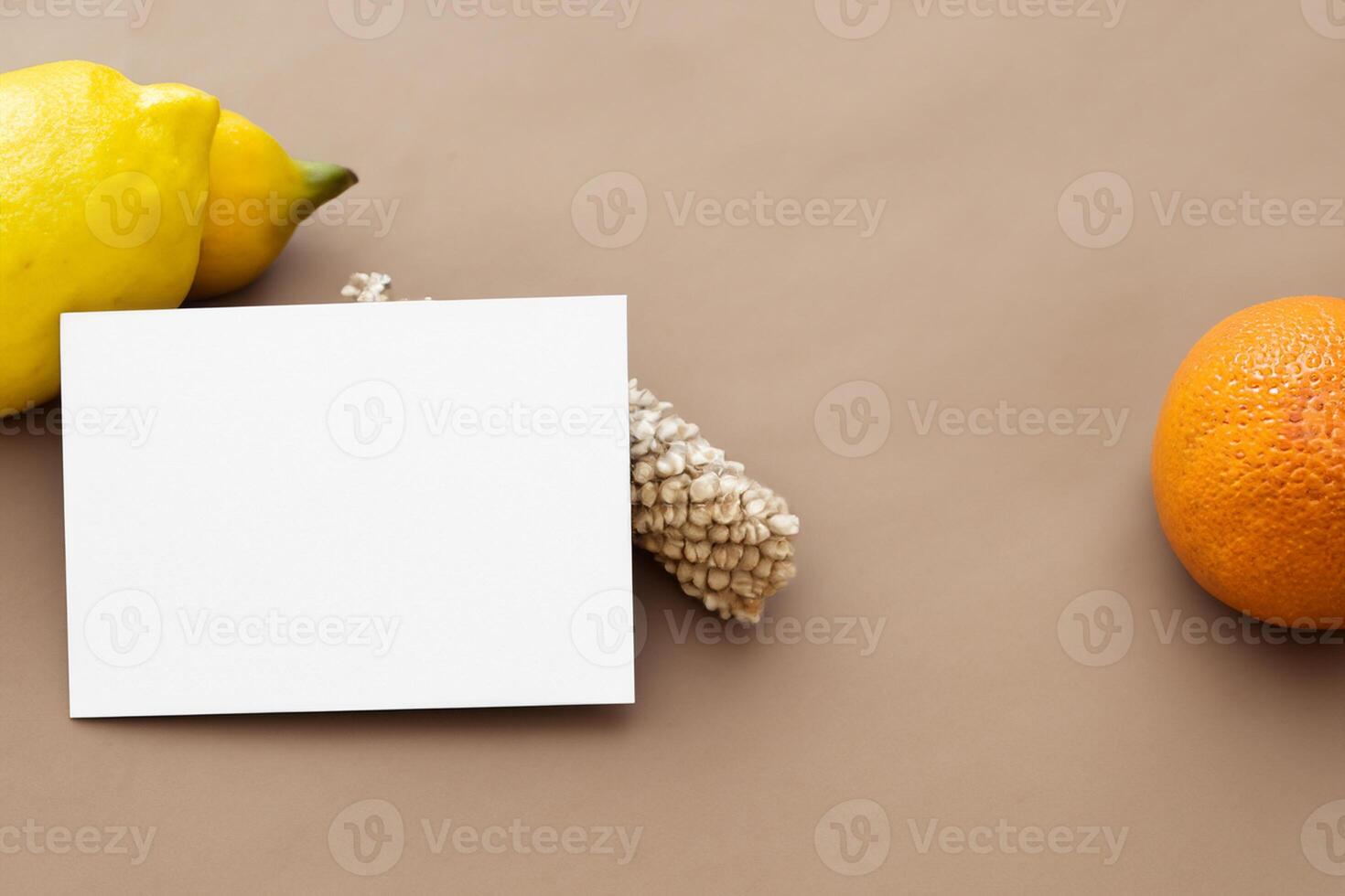 Card and White Paper Mockup Harmonized with Fresh Fruit, Crafting a Visual Symphony of Artful Design and Culinary Delight, Where Wholesome Ingredients Merge in a Feast of Vibrant Imagery photo