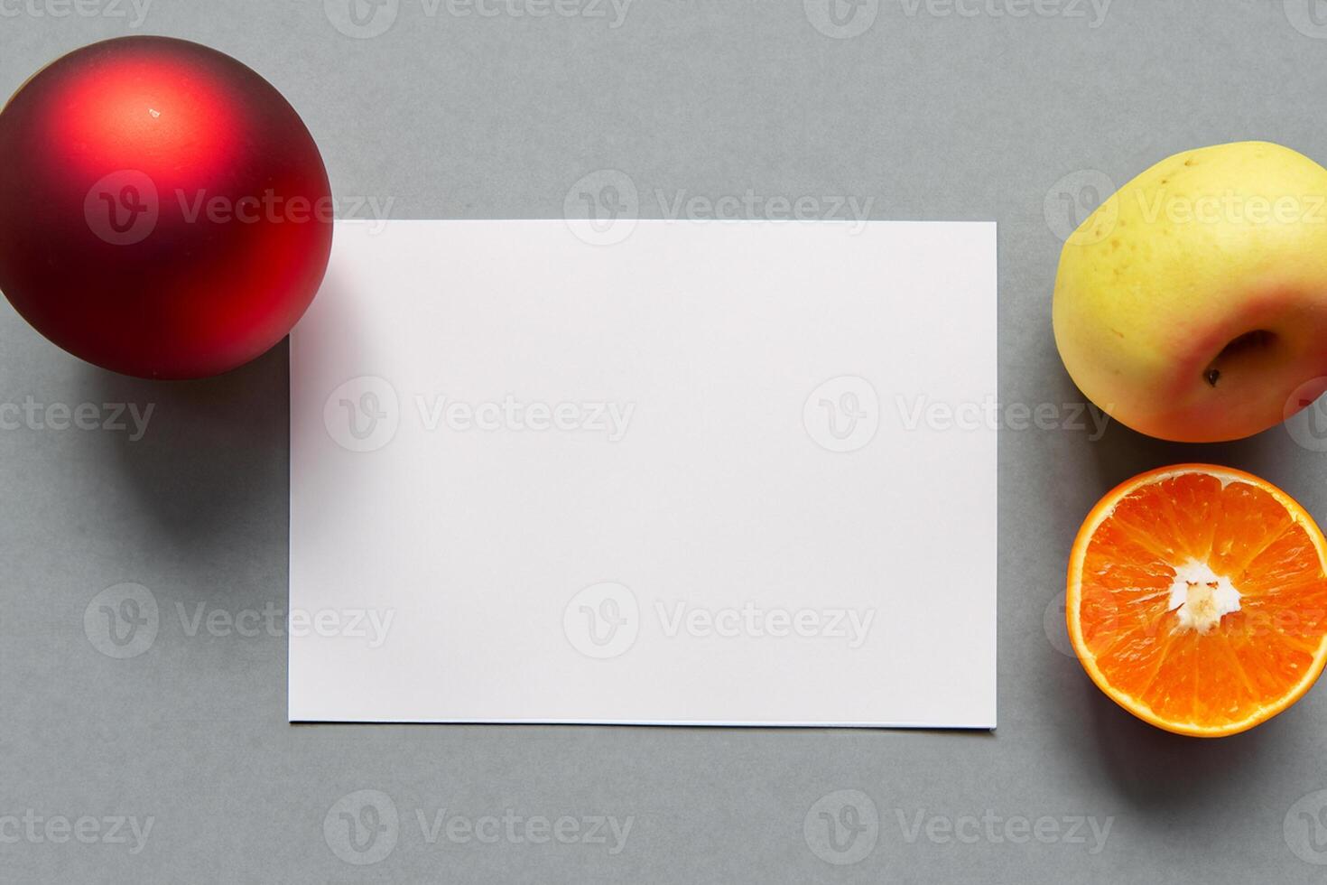 Card and White Paper Mockup Harmonized with Fresh Fruit, Crafting a Visual Symphony of Artful Design and Culinary Delight, Where Wholesome Ingredients Merge in a Feast of Vibrant Imagery photo