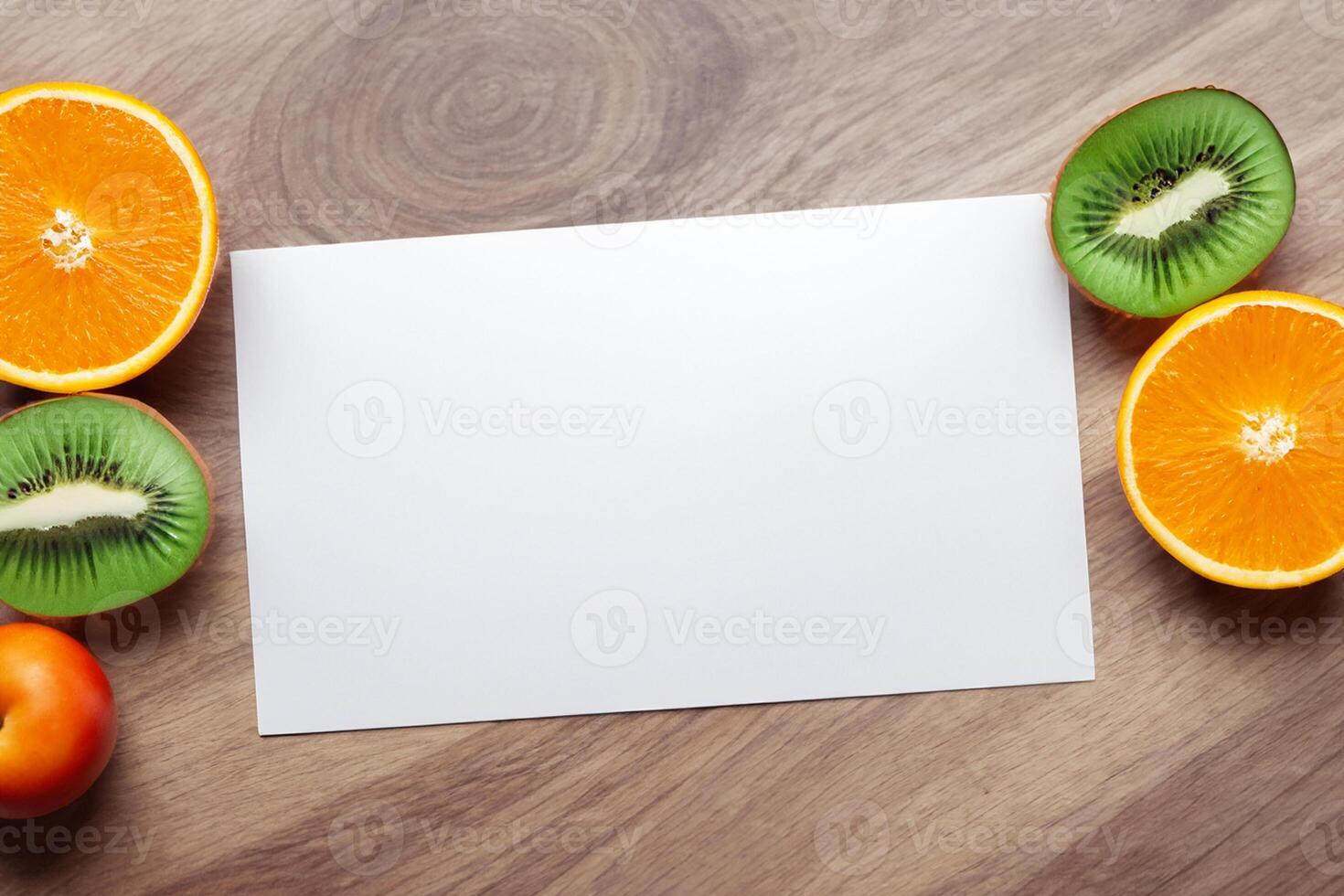 Card and White Paper Mockup Harmonized with Fresh Fruit, Crafting a Visual Symphony of Artful Design and Culinary Delight, Where Wholesome Ingredients Merge in a Feast of Vibrant Imagery photo