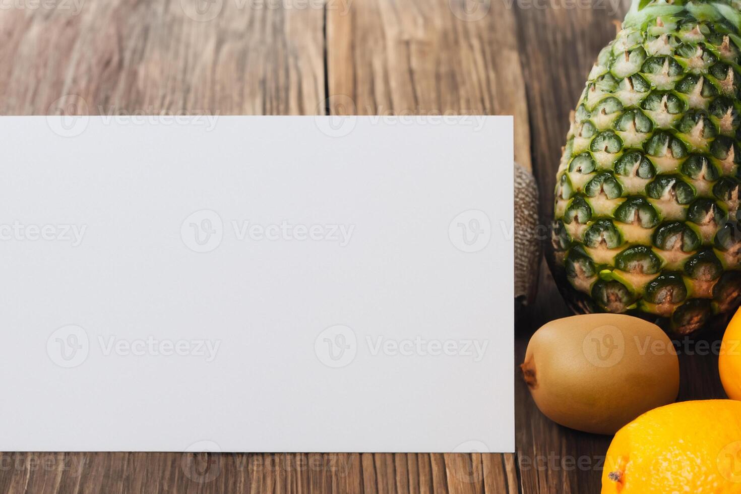 Card and White Paper Mockup Harmonized with Fresh Fruit, Crafting a Visual Symphony of Artful Design and Culinary Delight, Where Wholesome Ingredients Merge in a Feast of Vibrant Imagery photo