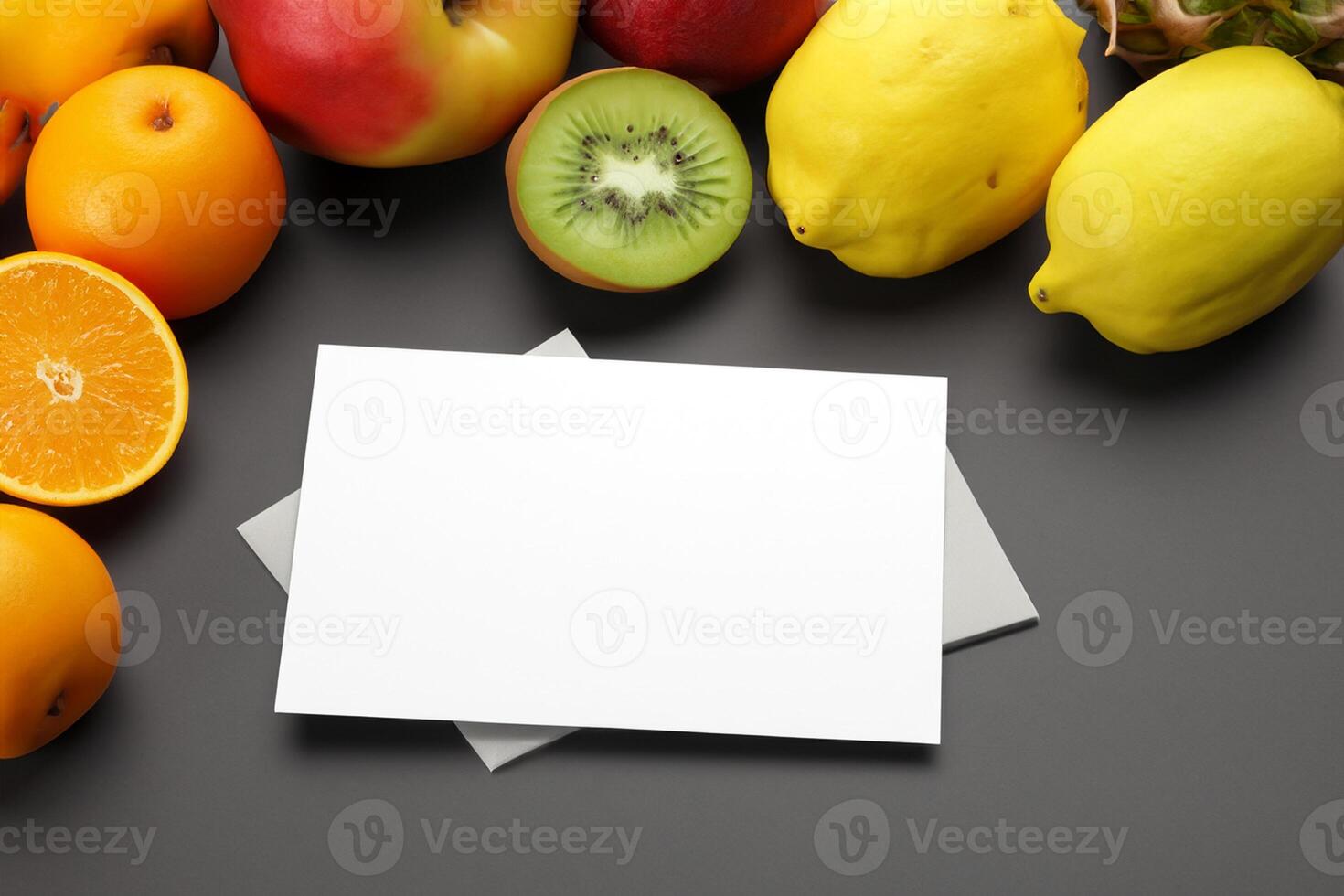 Card and White Paper Mockup Harmonized with Fresh Fruit, Crafting a Visual Symphony of Artful Design and Culinary Delight, Where Wholesome Ingredients Merge in a Feast of Vibrant Imagery photo