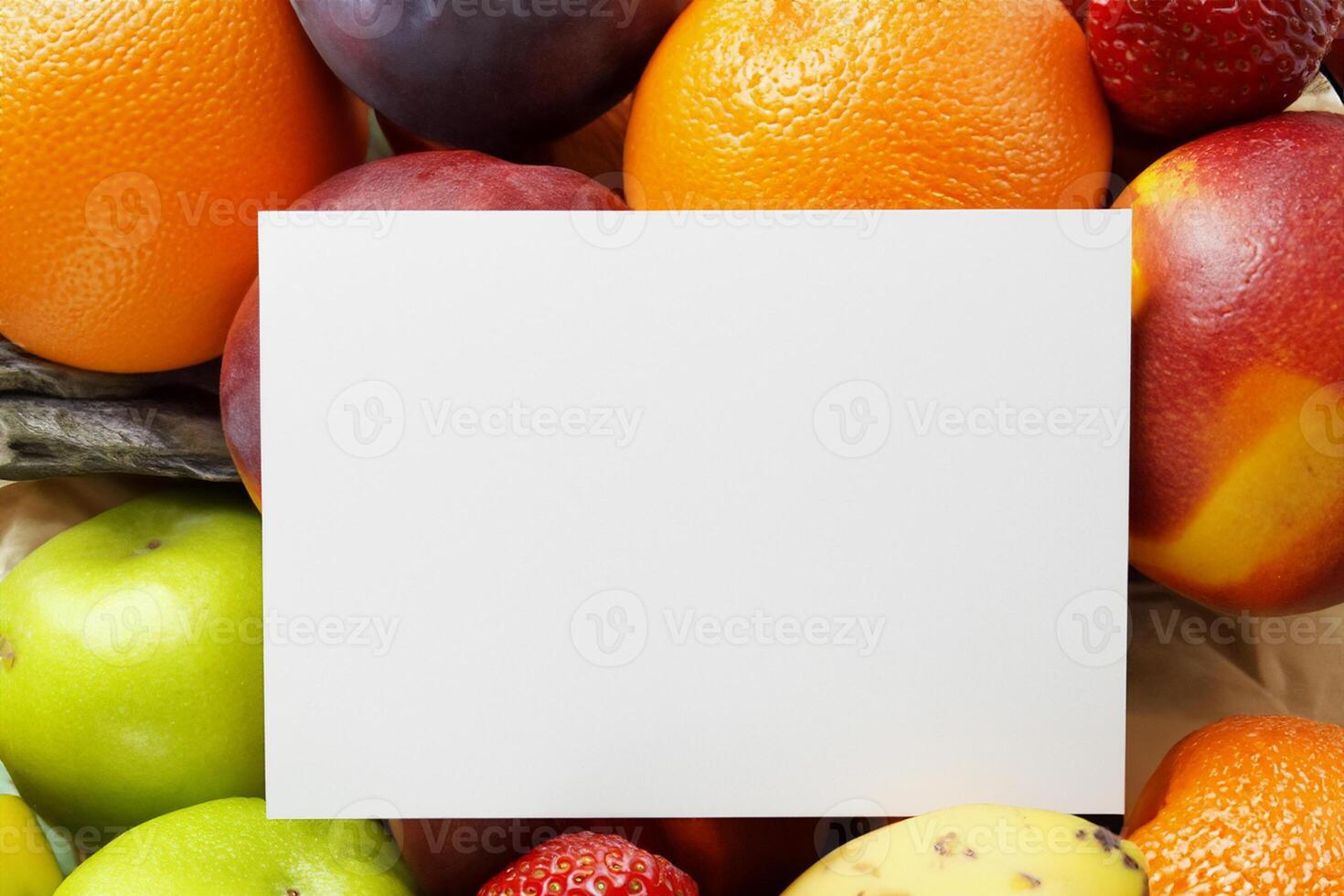 Card and White Paper Mockup Harmonized with Fresh Fruit, Crafting a Visual Symphony of Artful Design and Culinary Delight, Where Wholesome Ingredients Merge in a Feast of Vibrant Imagery photo