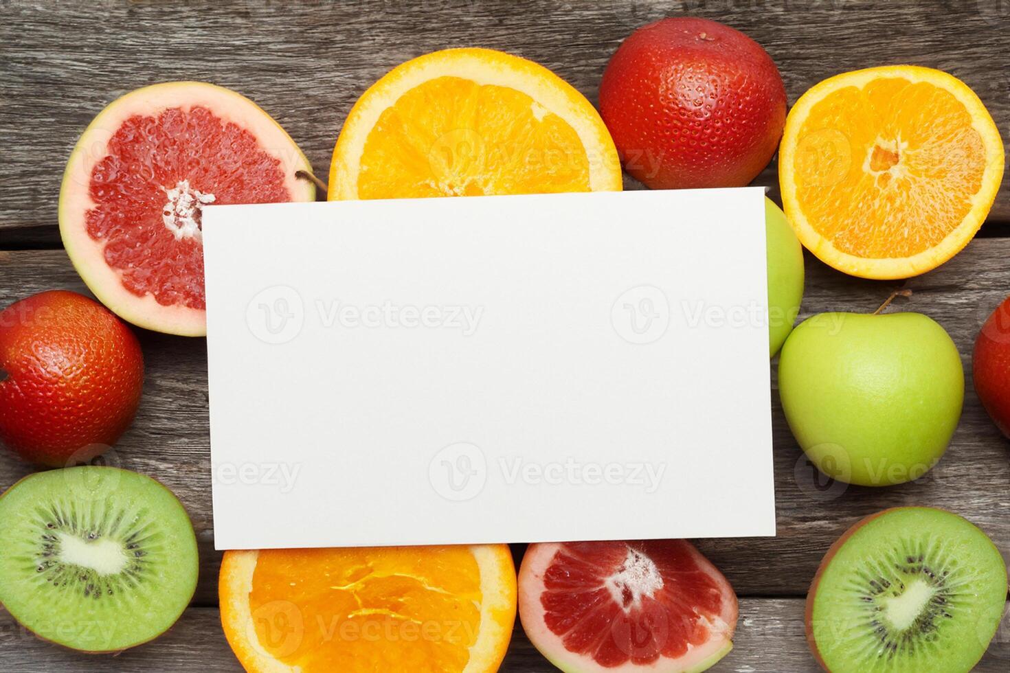 Card and White Paper Mockup Harmonized with Fresh Fruit, Crafting a Visual Symphony of Artful Design and Culinary Delight, Where Wholesome Ingredients Merge in a Feast of Vibrant Imagery photo