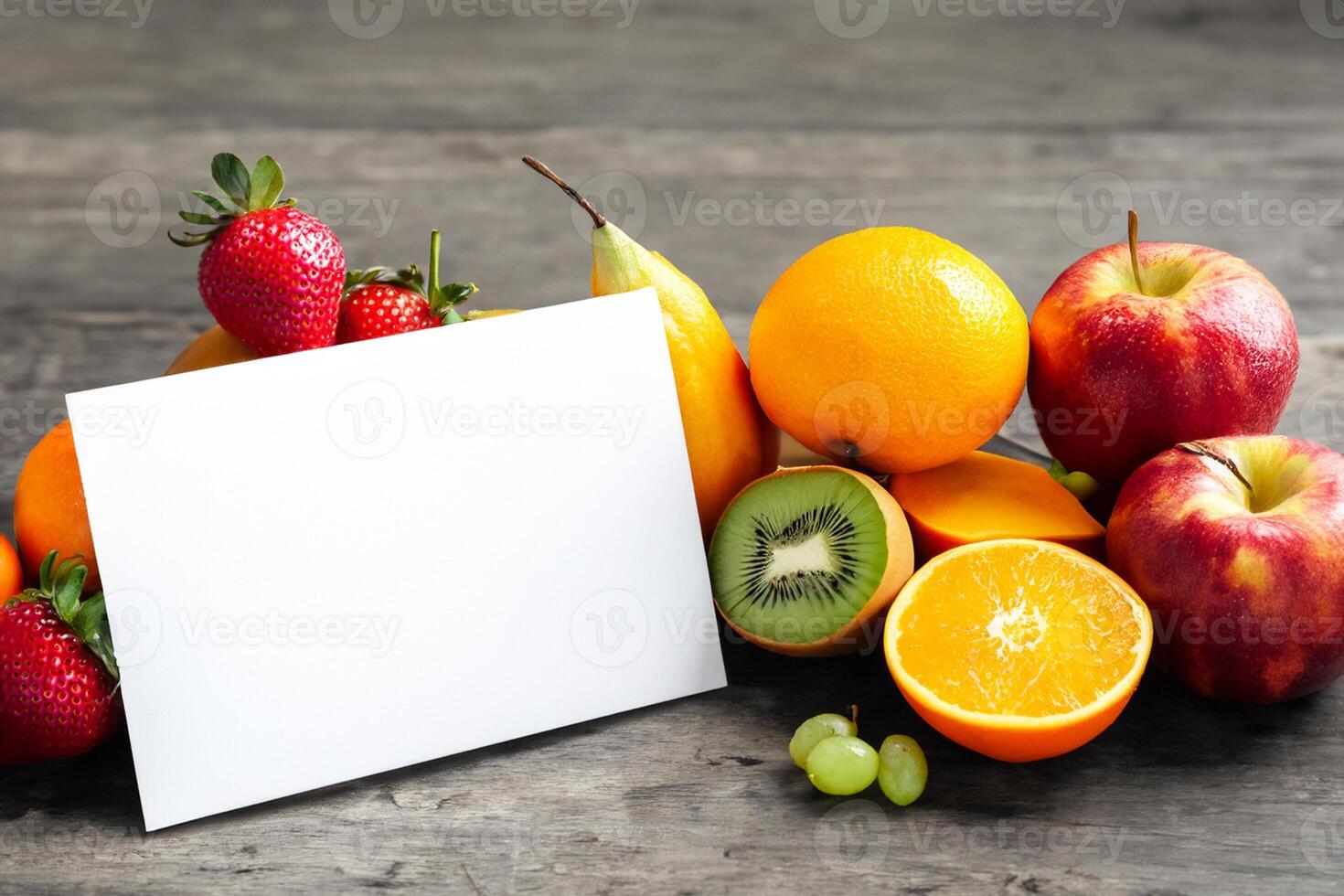 Card and White Paper Mockup Harmonized with Fresh Fruit, Crafting a Visual Symphony of Artful Design and Culinary Delight, Where Wholesome Ingredients Merge in a Feast of Vibrant Imagery photo