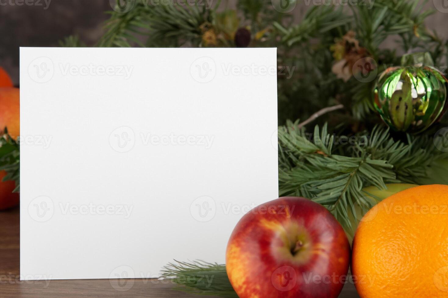 Card and White Paper Mockup Harmonized with Fresh Fruit, Crafting a Visual Symphony of Artful Design and Culinary Delight, Where Wholesome Ingredients Merge in a Feast of Vibrant Imagery photo