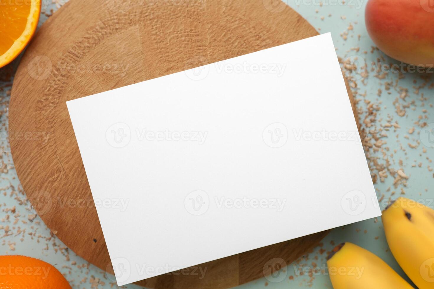 Card and White Paper Mockup Harmonized with Fresh Fruit, Crafting a Visual Symphony of Artful Design and Culinary Delight, Where Wholesome Ingredients Merge in a Feast of Vibrant Imagery photo