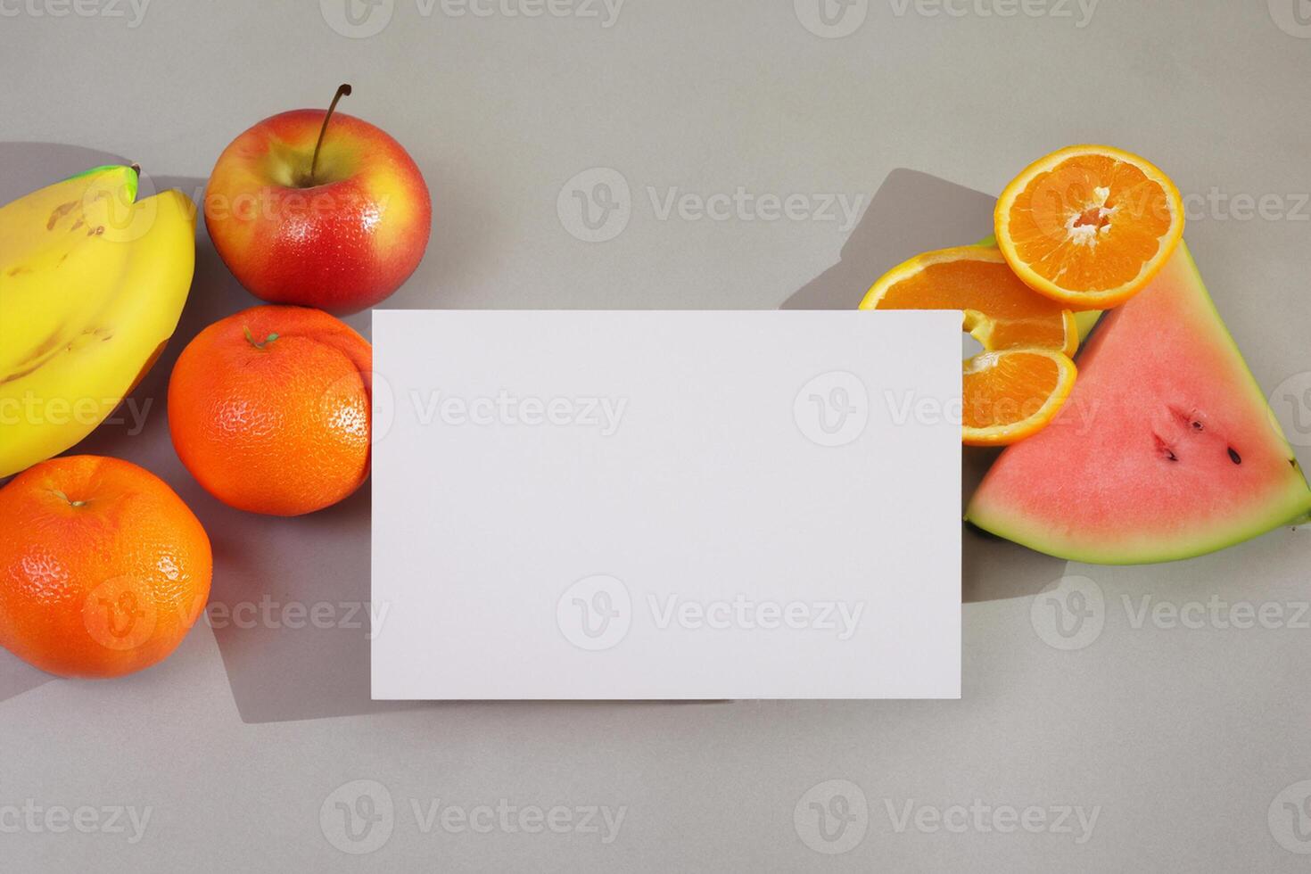 Card and White Paper Mockup Harmonized with Fresh Fruit, Crafting a Visual Symphony of Artful Design and Culinary Delight, Where Wholesome Ingredients Merge in a Feast of Vibrant Imagery photo