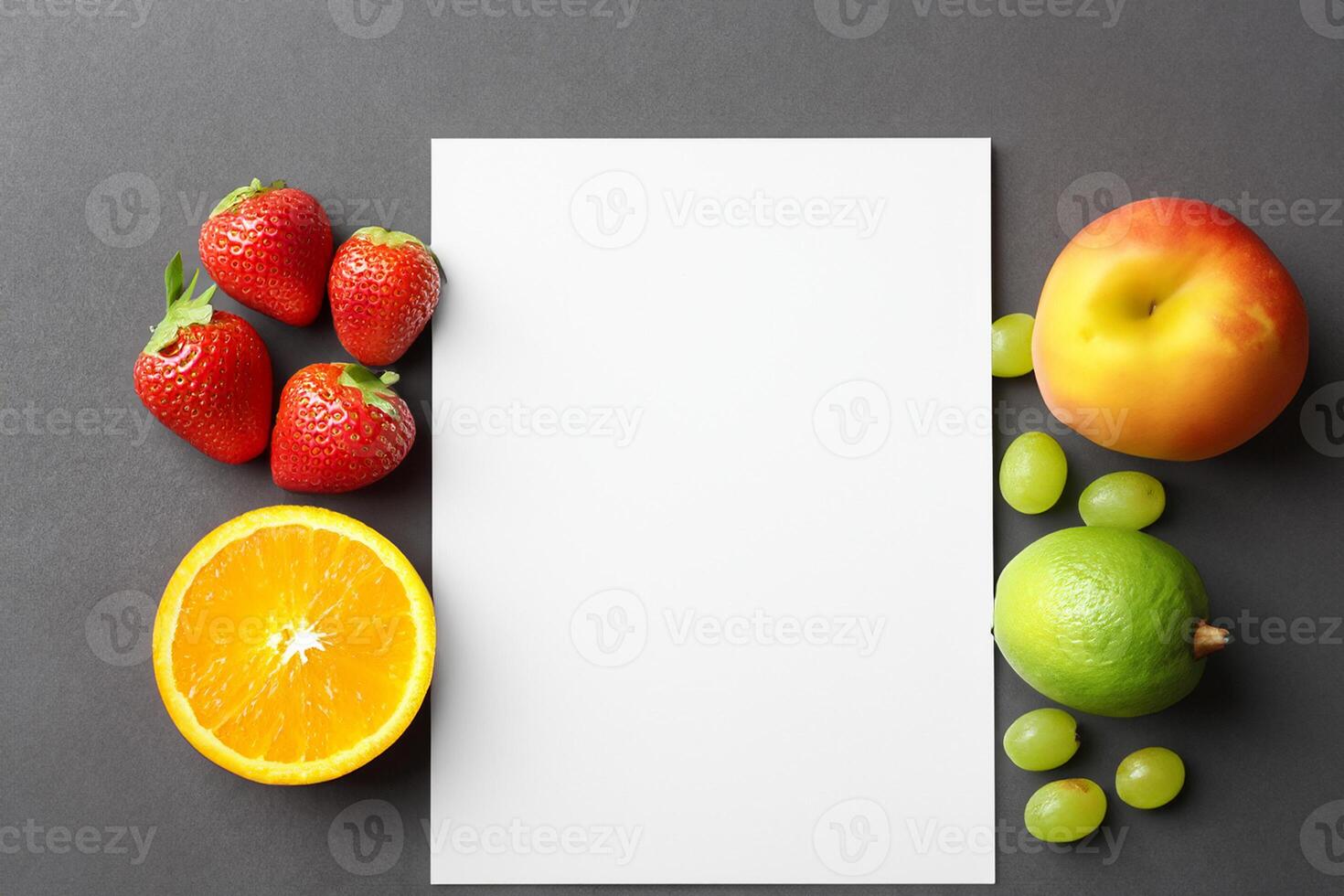 Card and White Paper Mockup Harmonized with Fresh Fruit, Crafting a Visual Symphony of Artful Design and Culinary Delight, Where Wholesome Ingredients Merge in a Feast of Vibrant Imagery photo