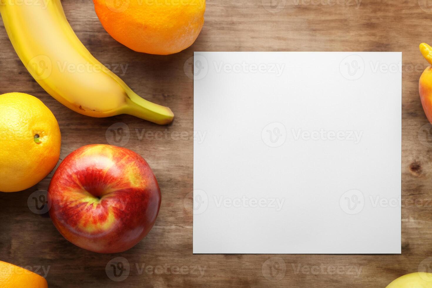 Card and White Paper Mockup Harmonized with Fresh Fruit, Crafting a Visual Symphony of Artful Design and Culinary Delight, Where Wholesome Ingredients Merge in a Feast of Vibrant Imagery photo