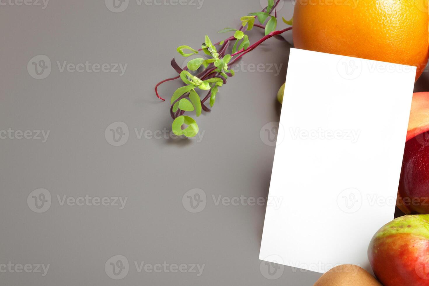 Card and White Paper Mockup Harmonized with Fresh Fruit, Crafting a Visual Symphony of Artful Design and Culinary Delight, Where Wholesome Ingredients Merge in a Feast of Vibrant Imagery photo