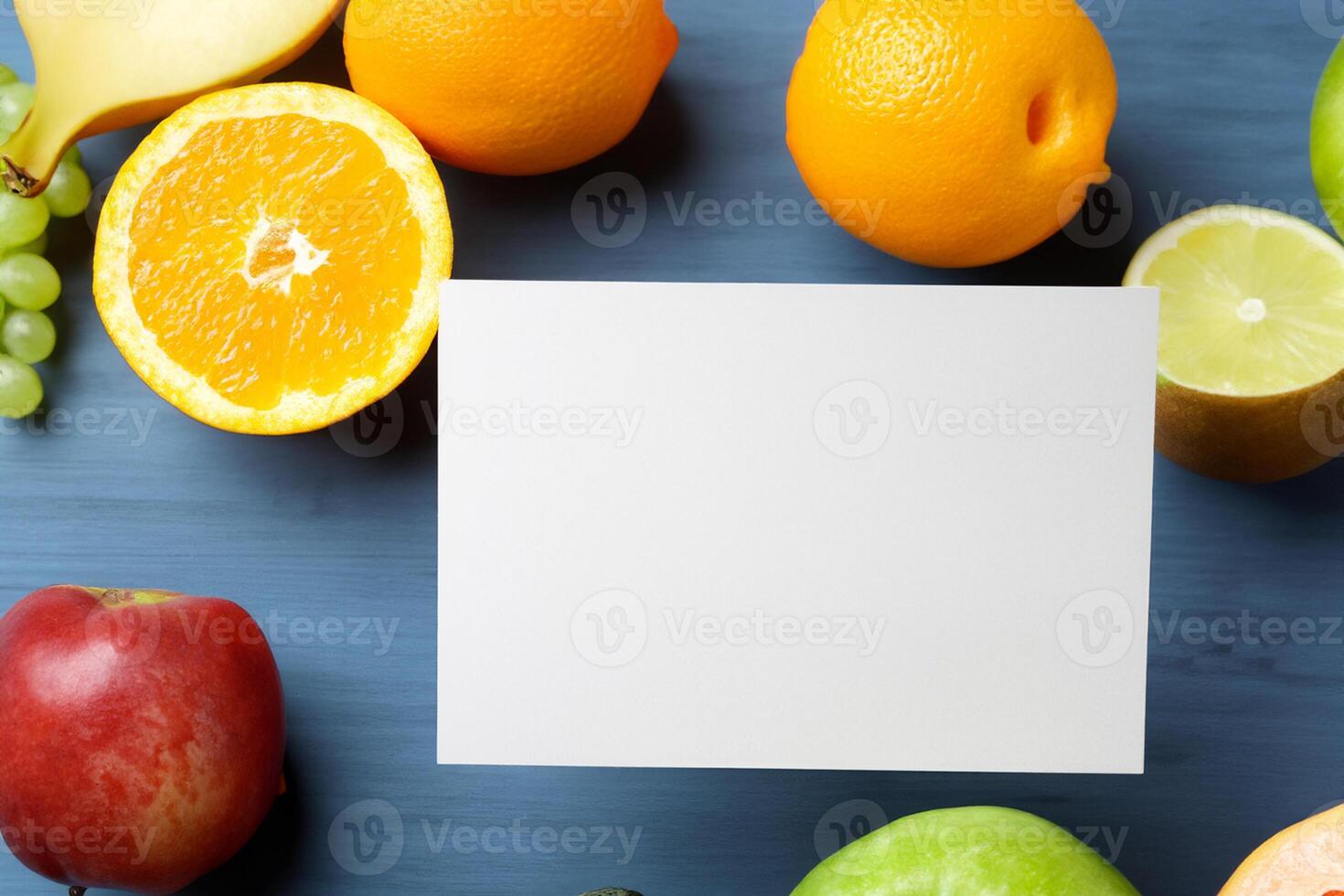 Card and White Paper Mockup Harmonized with Fresh Fruit, Crafting a Visual Symphony of Artful Design and Culinary Delight, Where Wholesome Ingredients Merge in a Feast of Vibrant Imagery photo