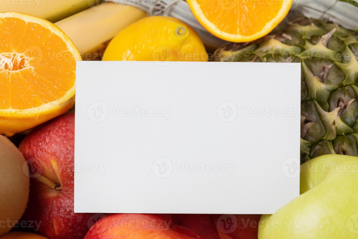 Card and White Paper Mockup Harmonized with Fresh Fruit, Crafting a Visual Symphony of Artful Design and Culinary Delight, Where Wholesome Ingredients Merge in a Feast of Vibrant Imagery photo
