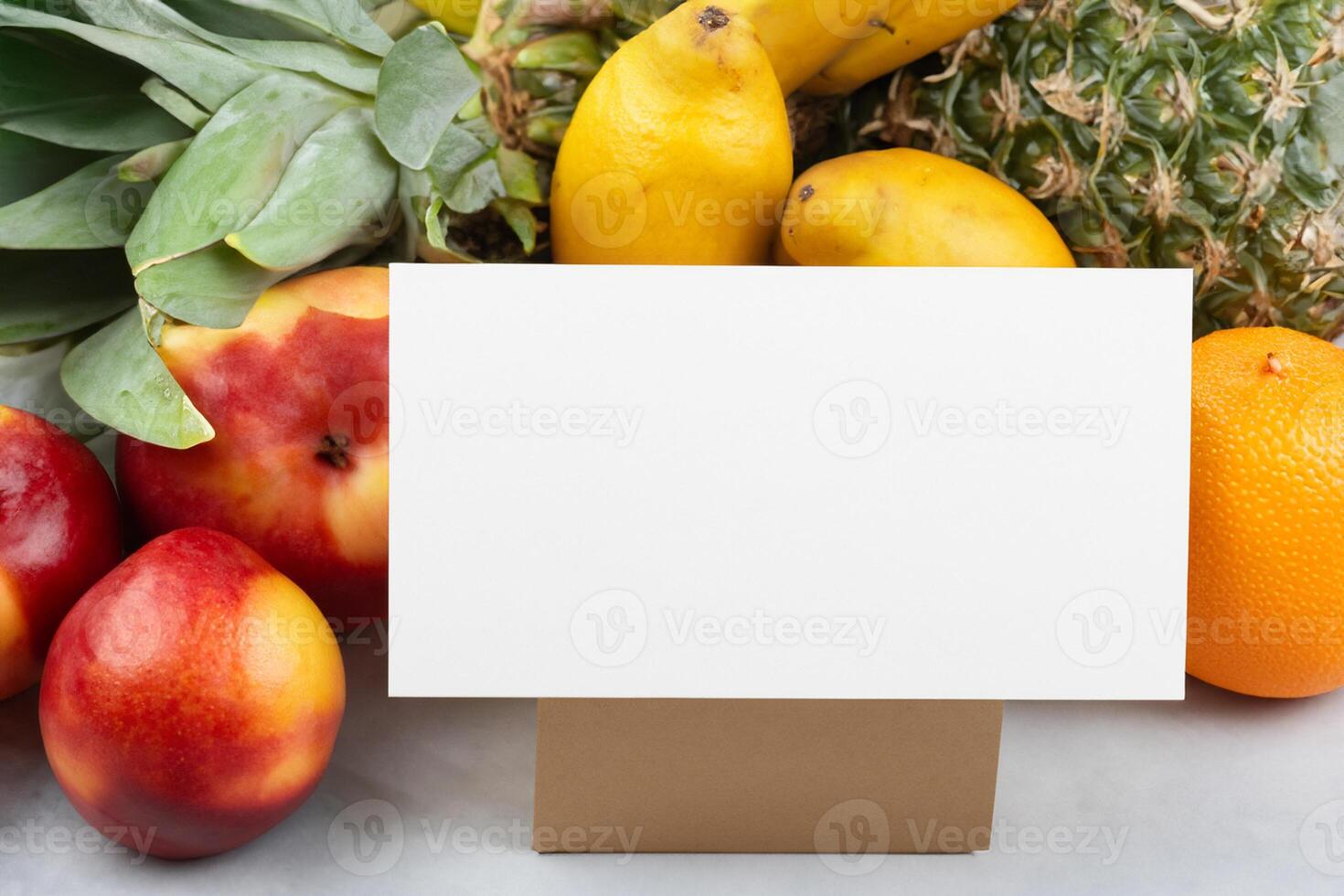 Card and White Paper Mockup Harmonized with Fresh Fruit, Crafting a Visual Symphony of Artful Design and Culinary Delight, Where Wholesome Ingredients Merge in a Feast of Vibrant Imagery photo