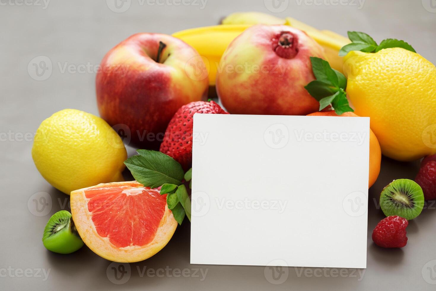 Card and White Paper Mockup Harmonized with Fresh Fruit, Crafting a Visual Symphony of Artful Design and Culinary Delight, Where Wholesome Ingredients Merge in a Feast of Vibrant Imagery photo