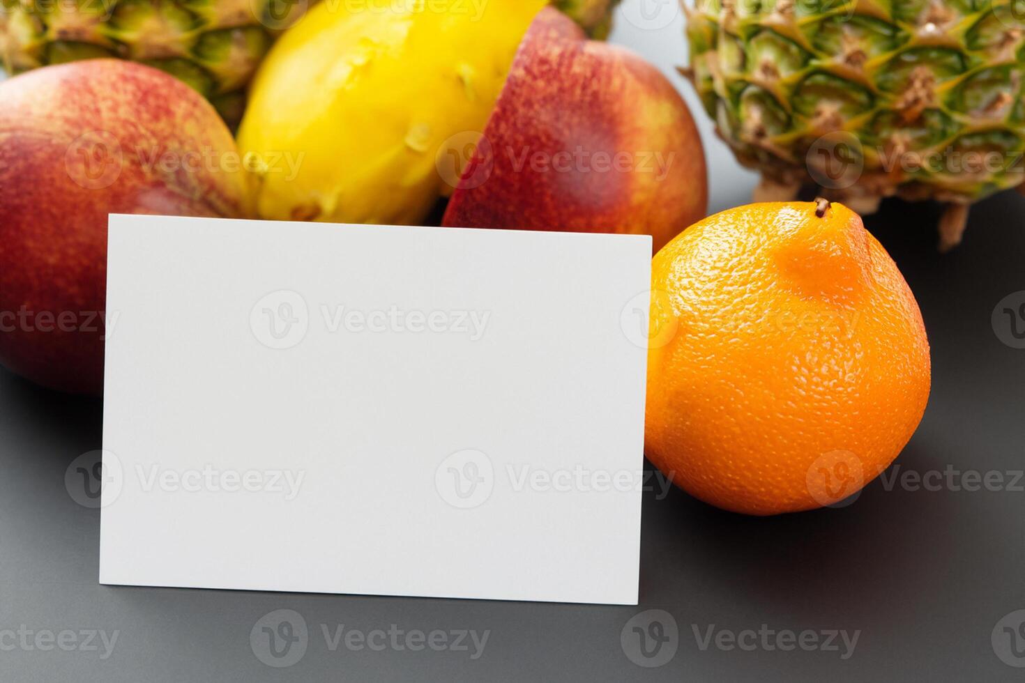 Card and White Paper Mockup Harmonized with Fresh Fruit, Crafting a Visual Symphony of Artful Design and Culinary Delight, Where Wholesome Ingredients Merge in a Feast of Vibrant Imagery photo