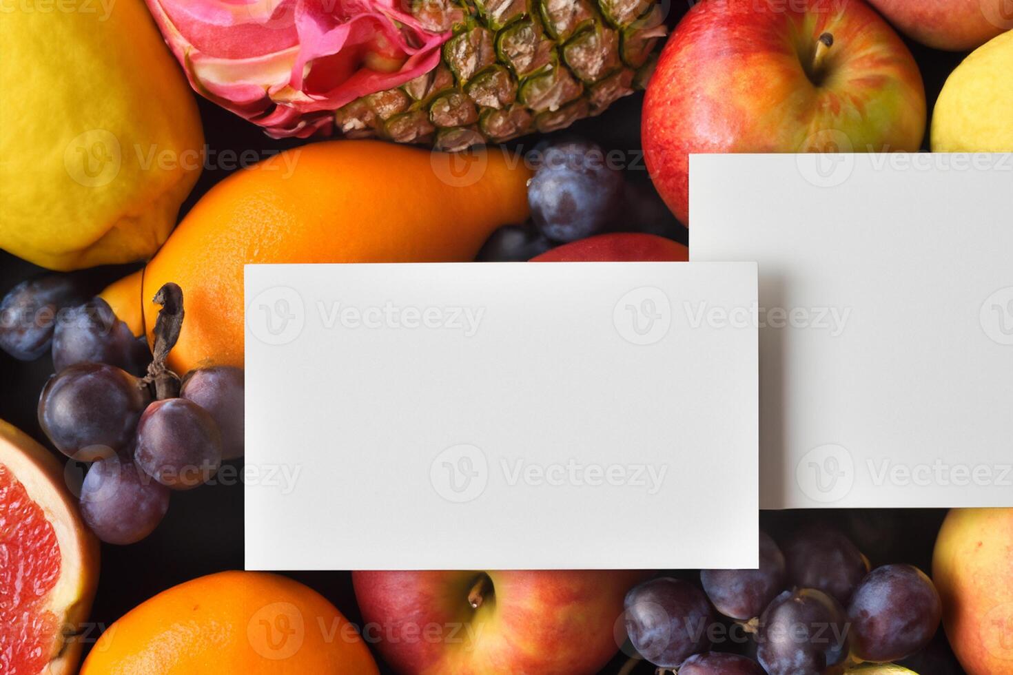 Card and White Paper Mockup Harmonized with Fresh Fruit, Crafting a Visual Symphony of Artful Design and Culinary Delight, Where Wholesome Ingredients Merge in a Feast of Vibrant Imagery photo