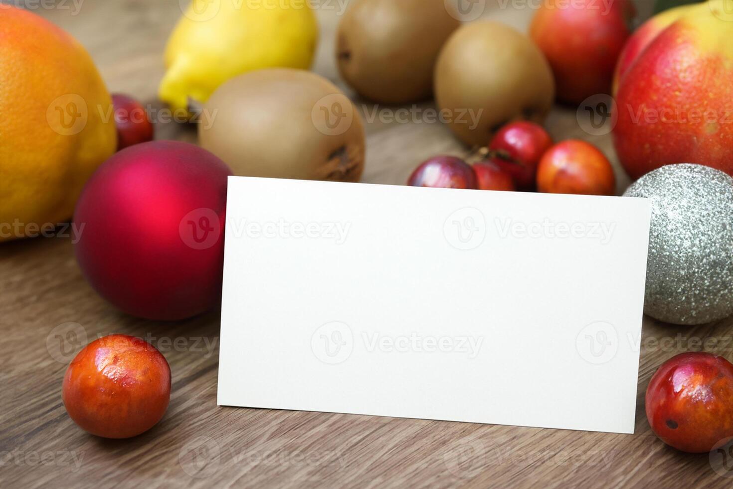 Card and White Paper Mockup Harmonized with Fresh Fruit, Crafting a Visual Symphony of Artful Design and Culinary Delight, Where Wholesome Ingredients Merge in a Feast of Vibrant Imagery photo