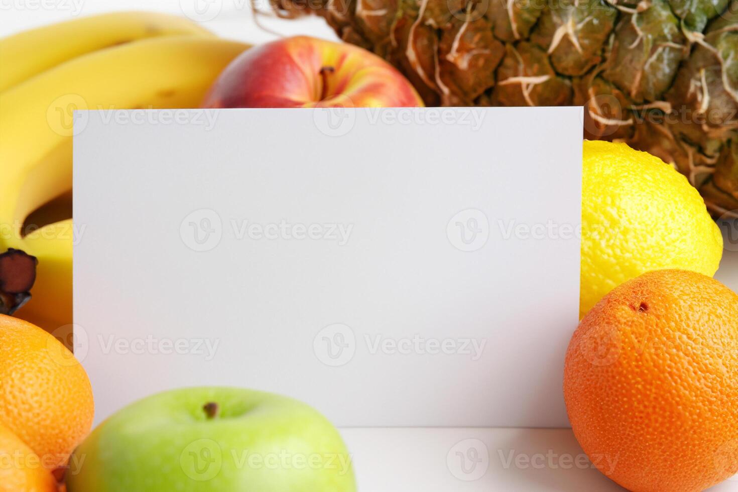 Card and White Paper Mockup Harmonized with Fresh Fruit, Crafting a Visual Symphony of Artful Design and Culinary Delight, Where Wholesome Ingredients Merge in a Feast of Vibrant Imagery photo