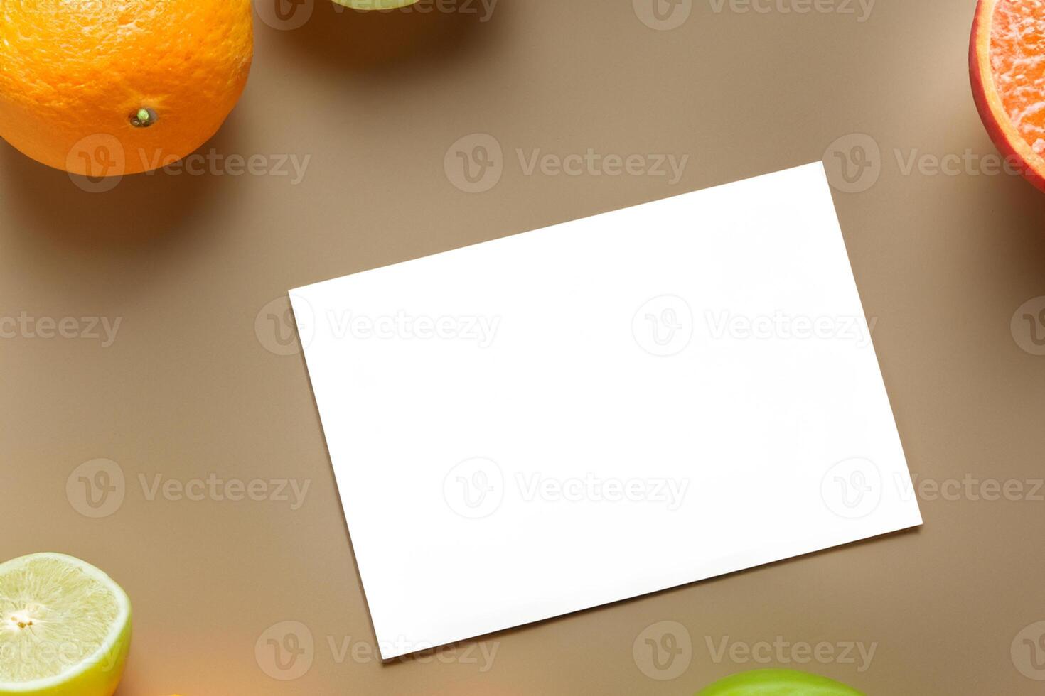 Card and White Paper Mockup Harmonized with Fresh Fruit, Crafting a Visual Symphony of Artful Design and Culinary Delight, Where Wholesome Ingredients Merge in a Feast of Vibrant Imagery photo