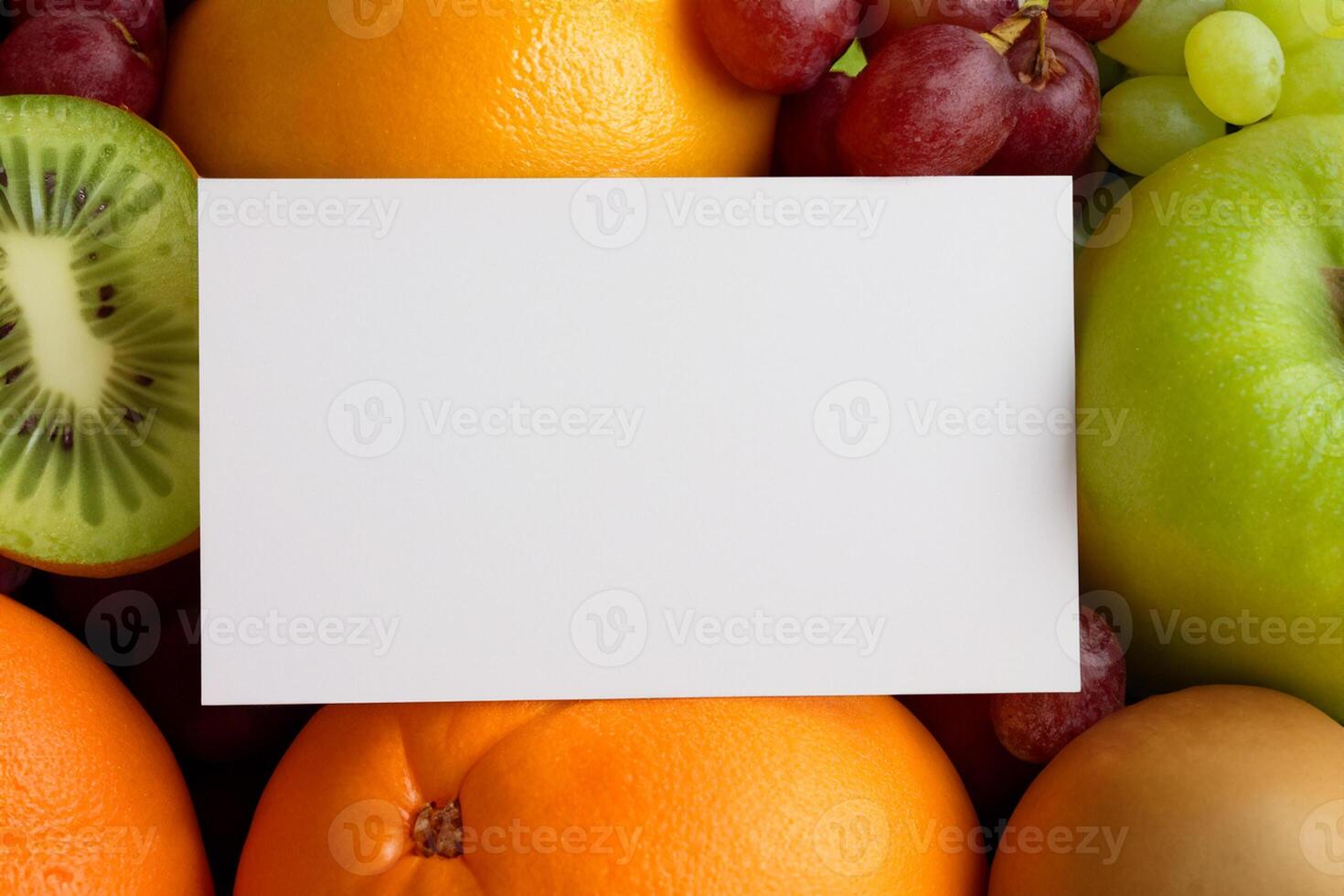 Card and White Paper Mockup Harmonized with Fresh Fruit, Crafting a Visual Symphony of Artful Design and Culinary Delight, Where Wholesome Ingredients Merge in a Feast of Vibrant Imagery photo