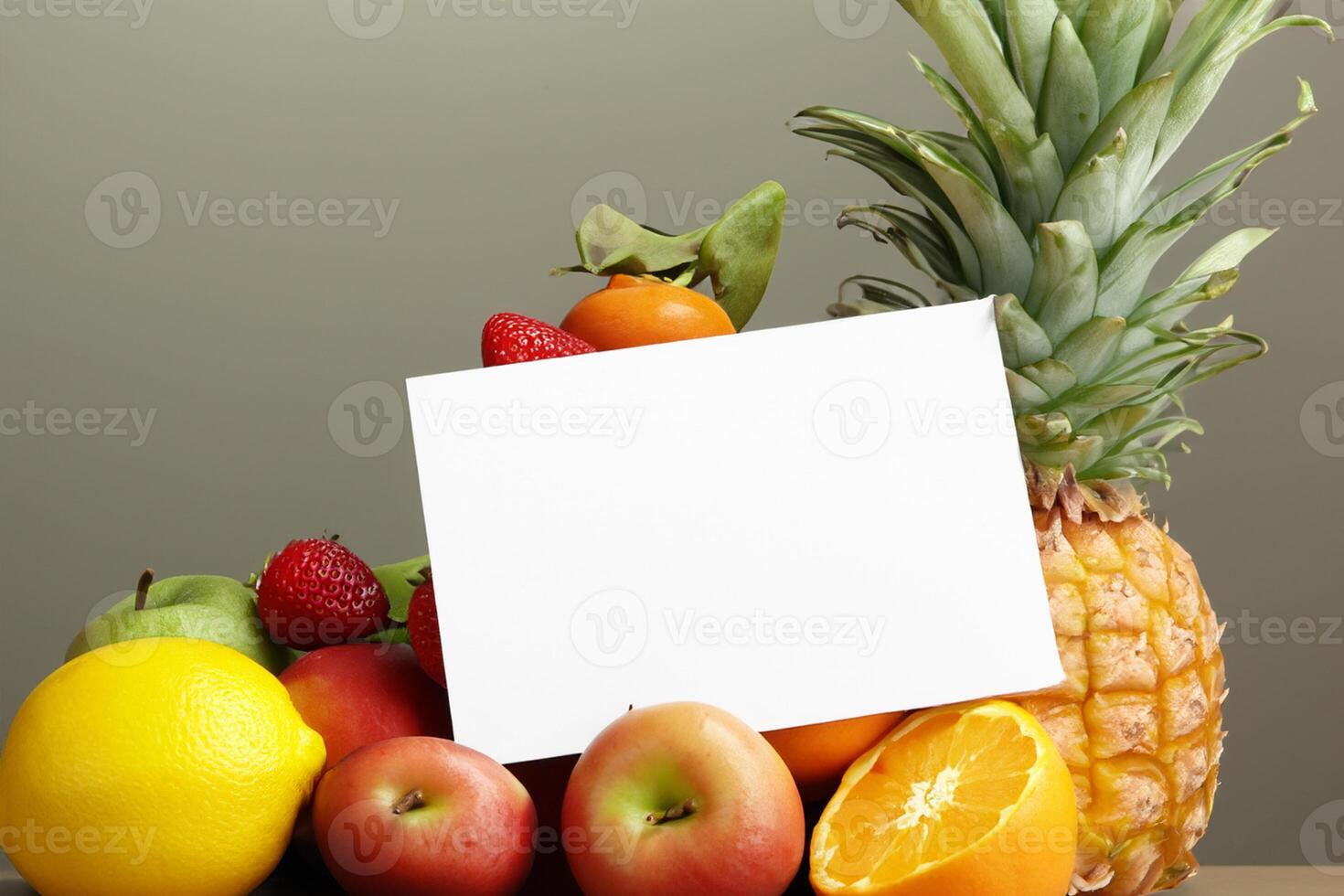 Card and White Paper Mockup Harmonized with Fresh Fruit, Crafting a Visual Symphony of Artful Design and Culinary Delight, Where Wholesome Ingredients Merge in a Feast of Vibrant Imagery photo