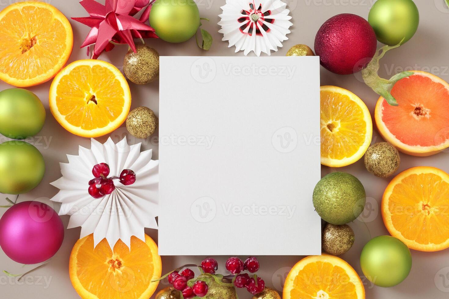 Card and White Paper Mockup Harmonized with Fresh Fruit, Crafting a Visual Symphony of Artful Design and Culinary Delight, Where Wholesome Ingredients Merge in a Feast of Vibrant Imagery photo