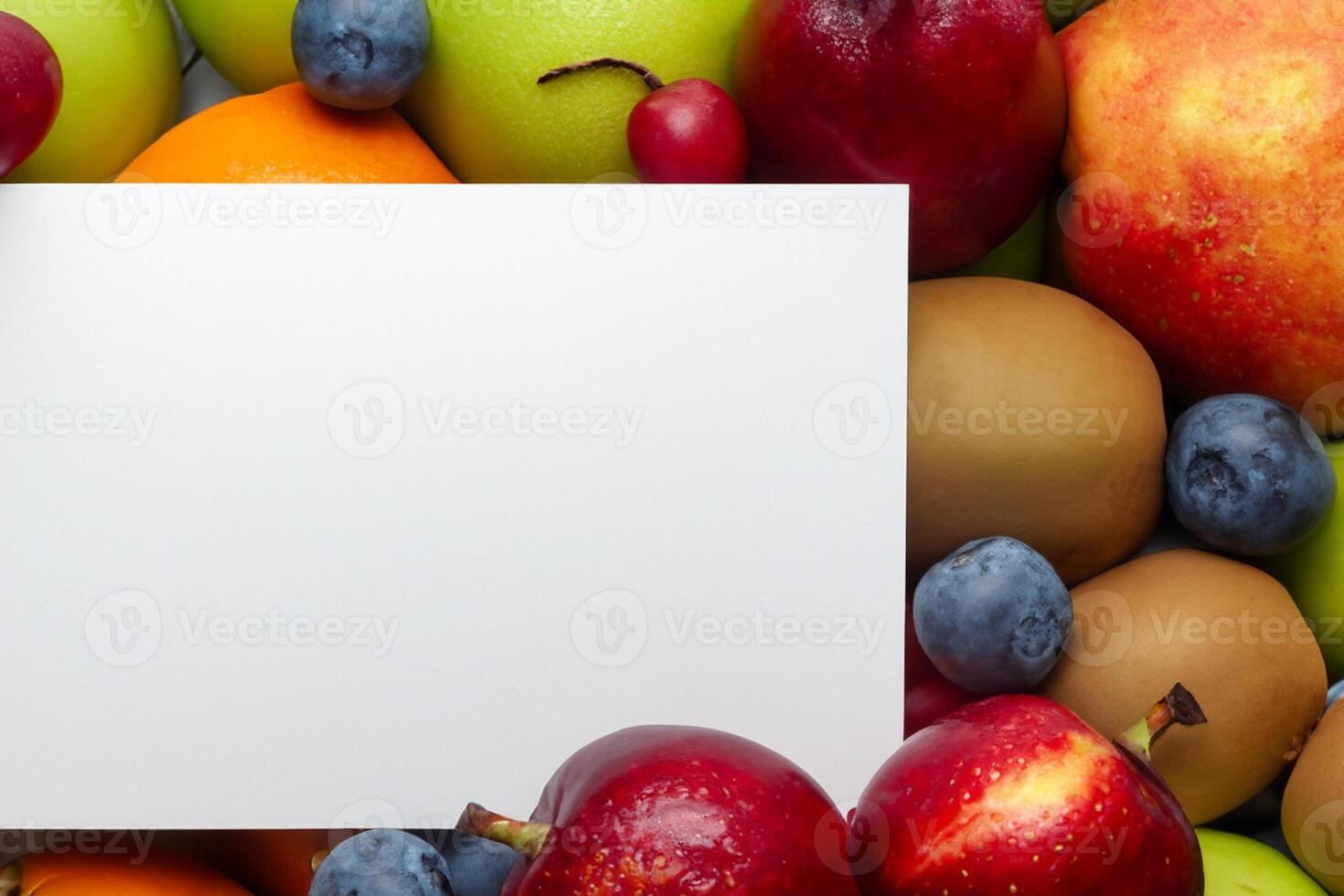 Card and White Paper Mockup Harmonized with Fresh Fruit, Crafting a Visual Symphony of Artful Design and Culinary Delight, Where Wholesome Ingredients Merge in a Feast of Vibrant Imagery photo