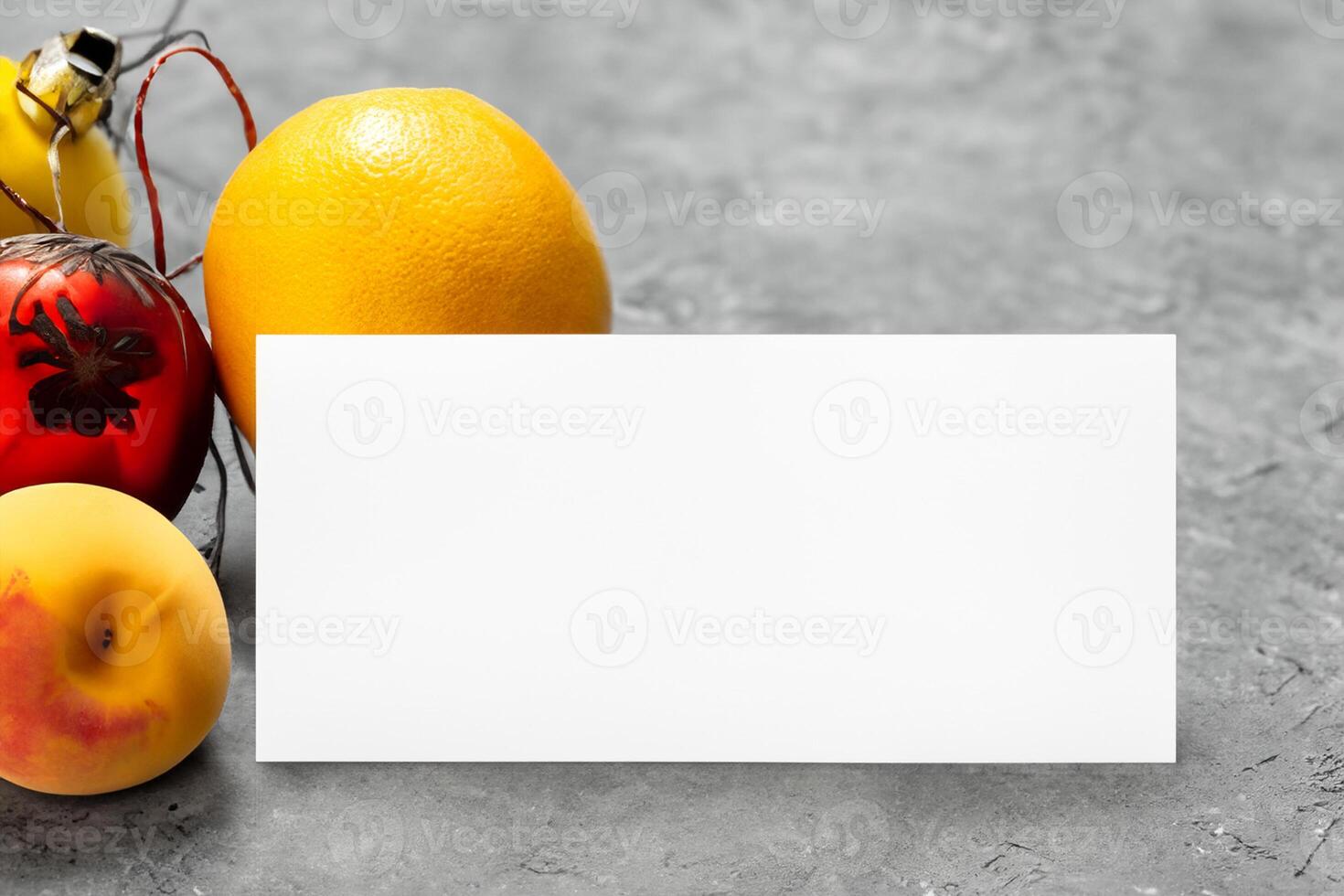 Card and White Paper Mockup Harmonized with Fresh Fruit, Crafting a Visual Symphony of Artful Design and Culinary Delight, Where Wholesome Ingredients Merge in a Feast of Vibrant Imagery photo